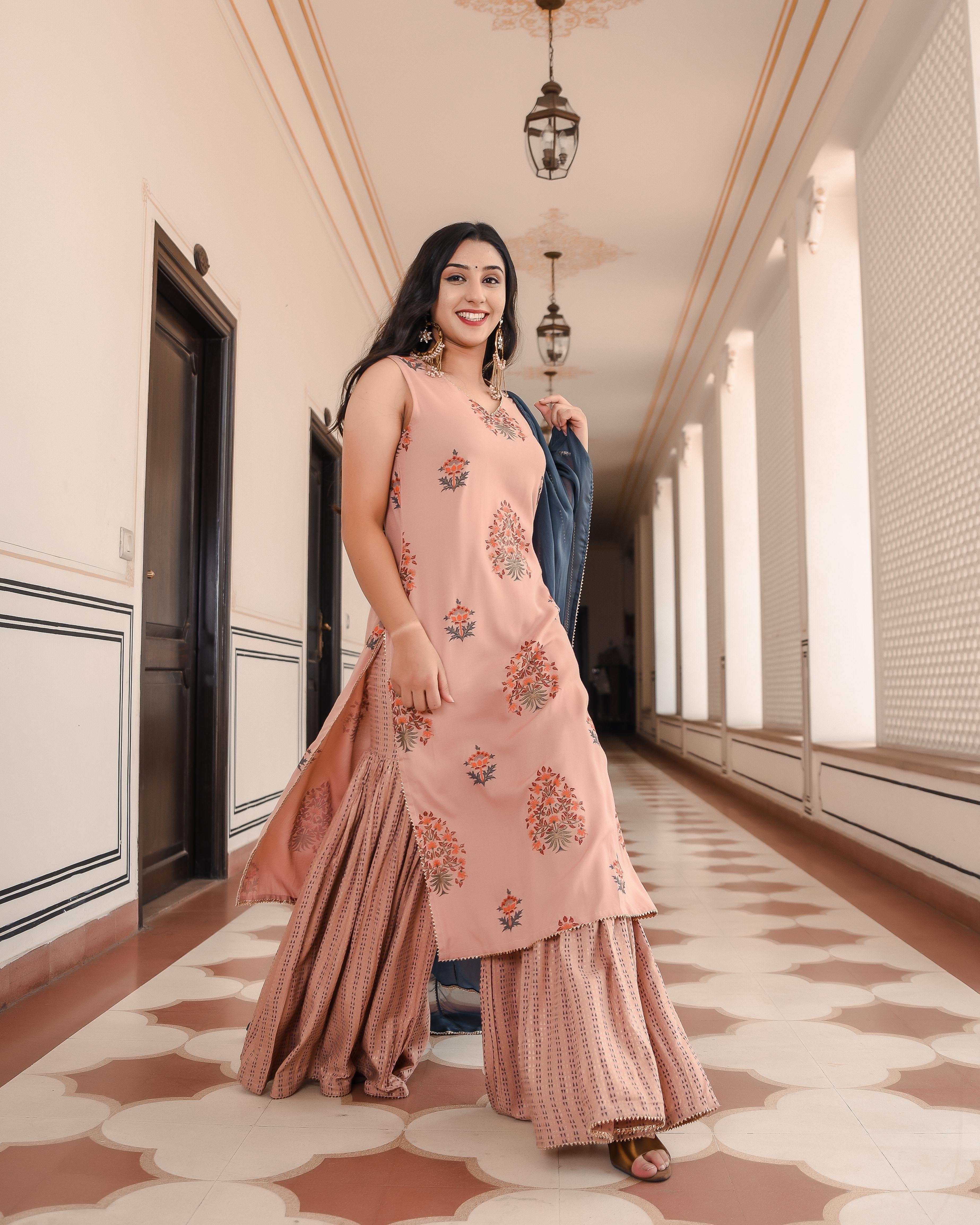 Women's Peach Blossom Mughal Sharara Set - Indian Virasat