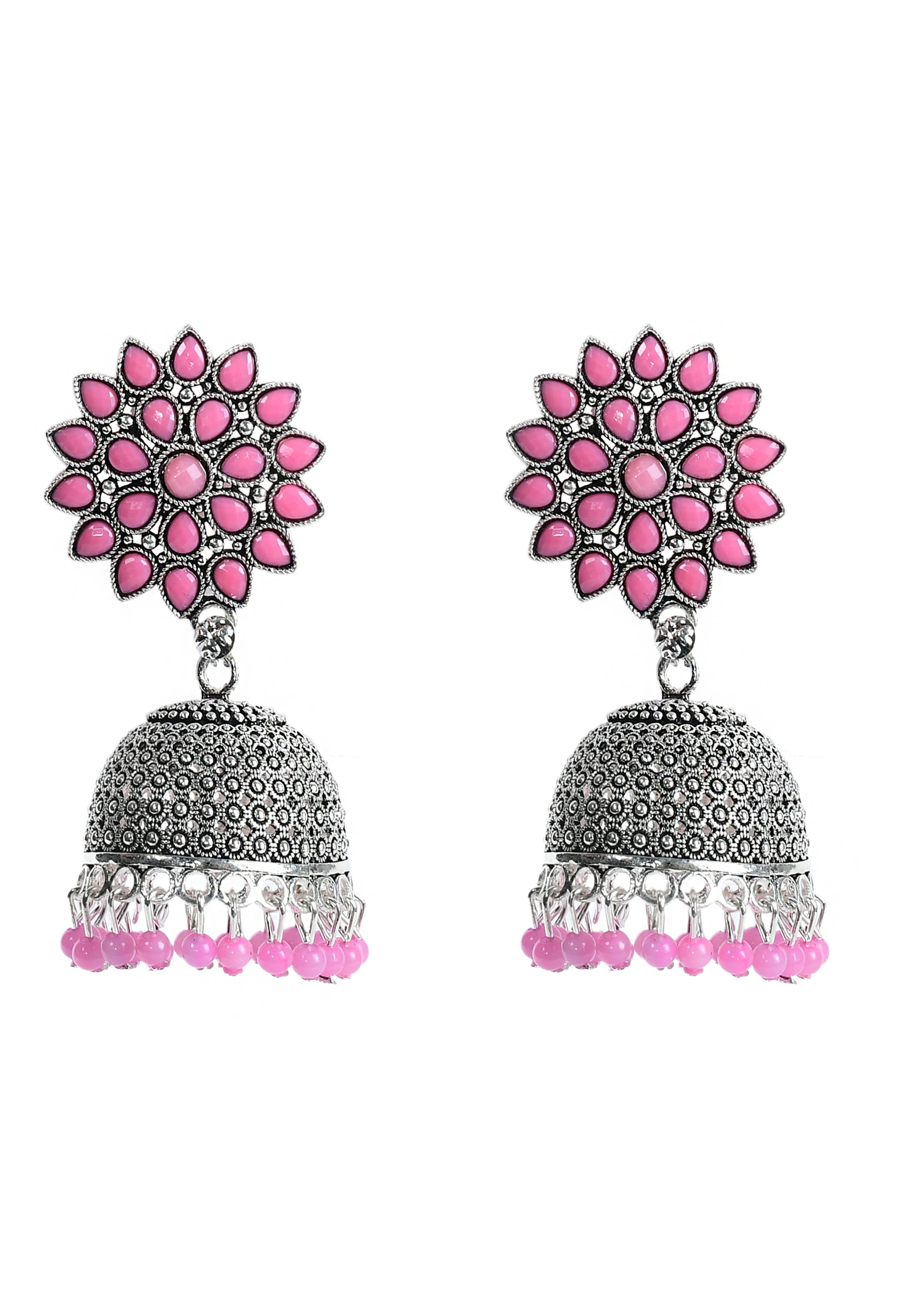 Women's Silver Colour Earrings With Pink Pearl - Tehzeeb