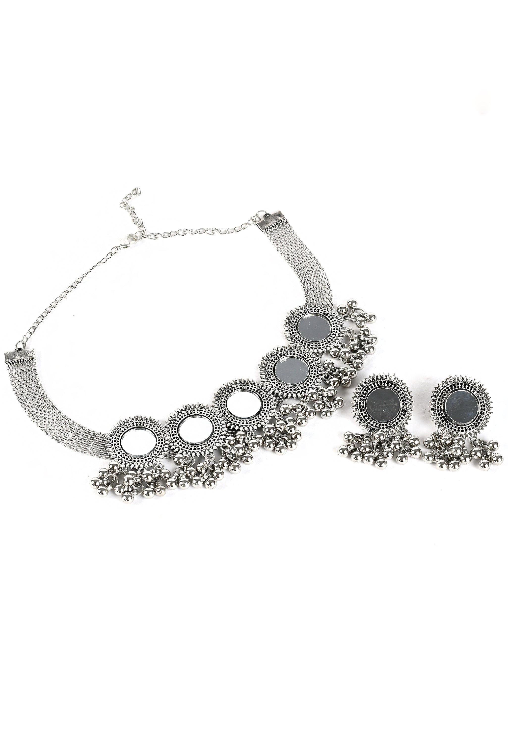 Women's Oxidised Necklaceand Earrings With Mirror And Ghunghru Design - Tehzeeb