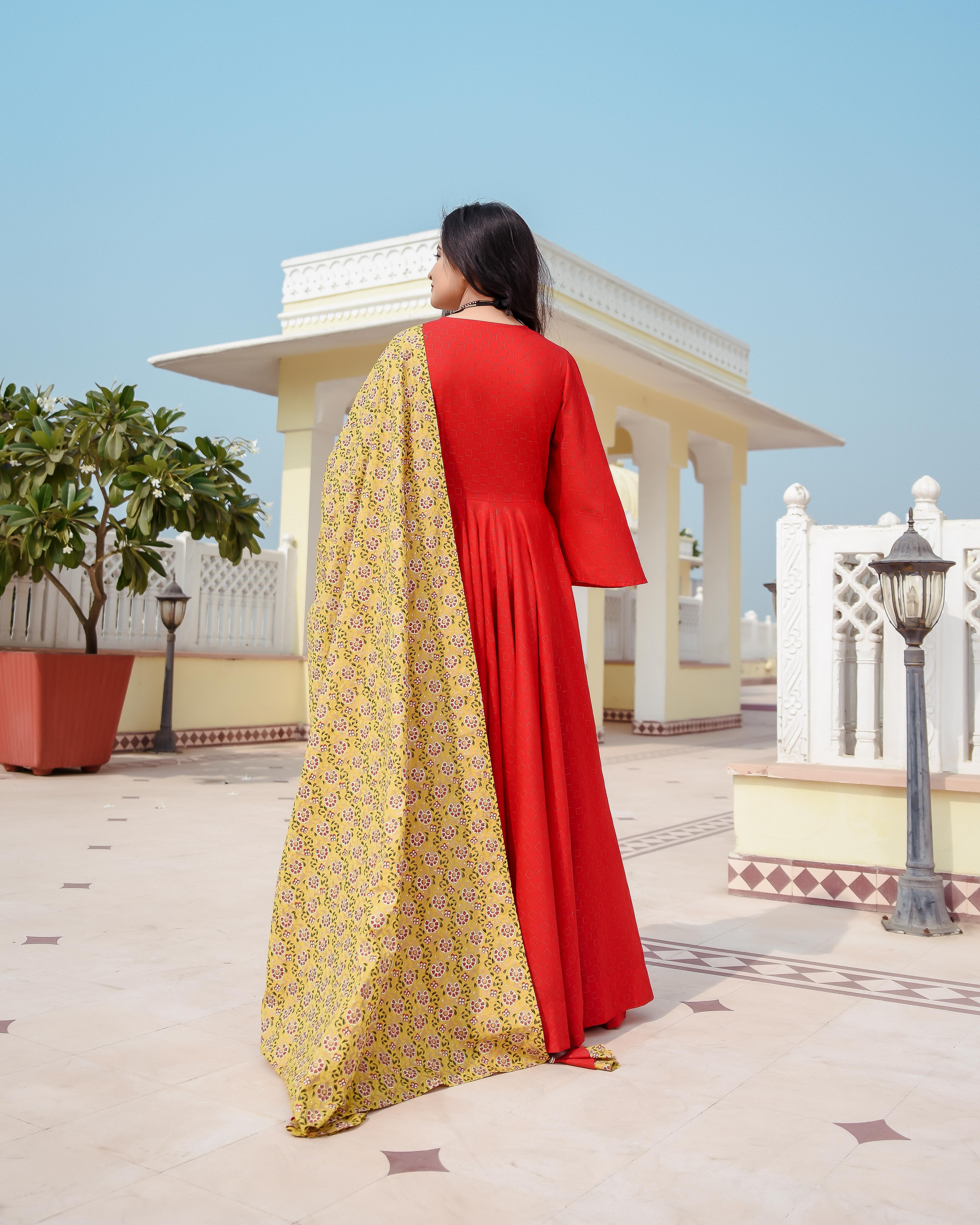 Women's Poppy Red Bell Sleeves Dress - Indian Virasat