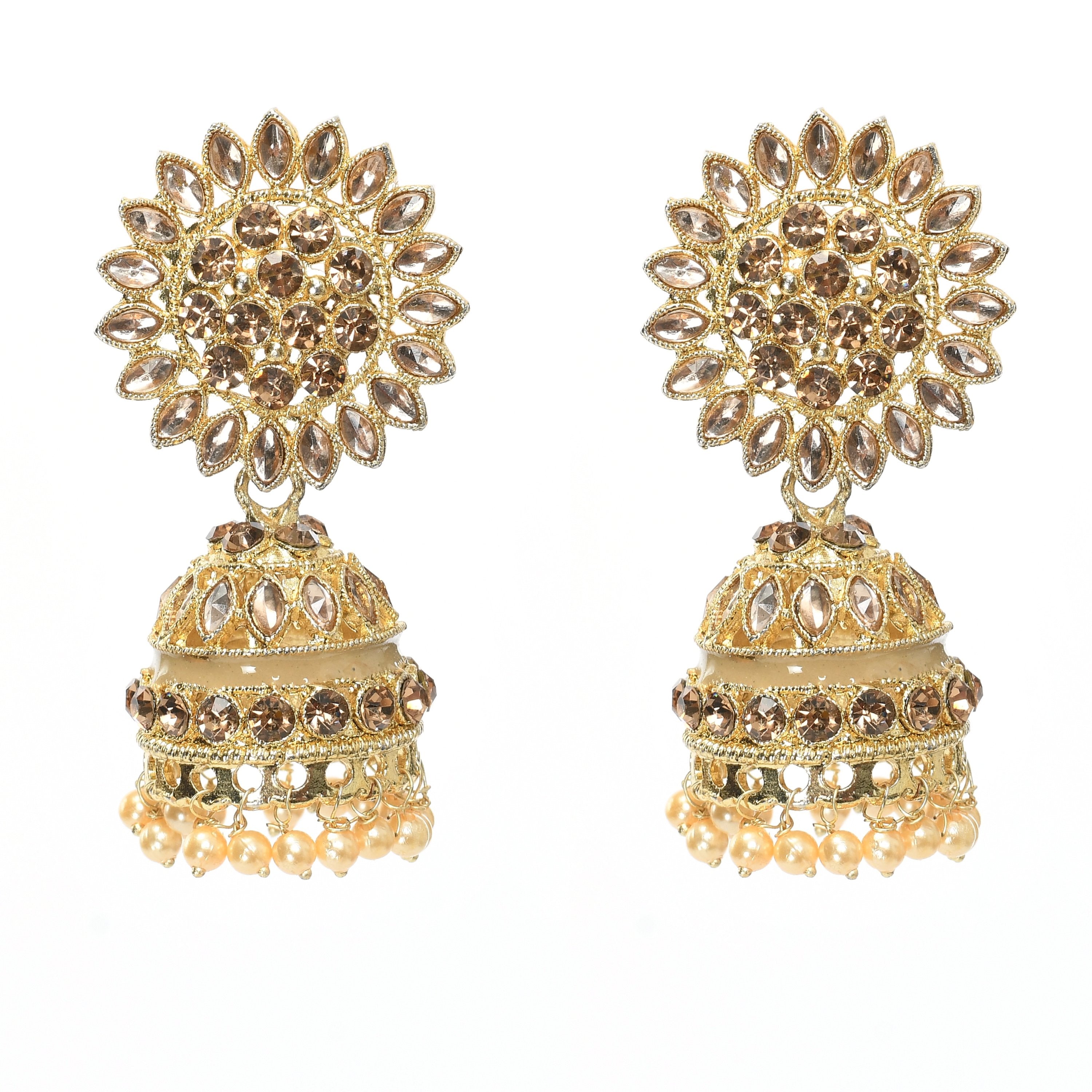 Women's Golden Plated Earring With Stone, Kunda And Pearl Work  - Tehzeeb