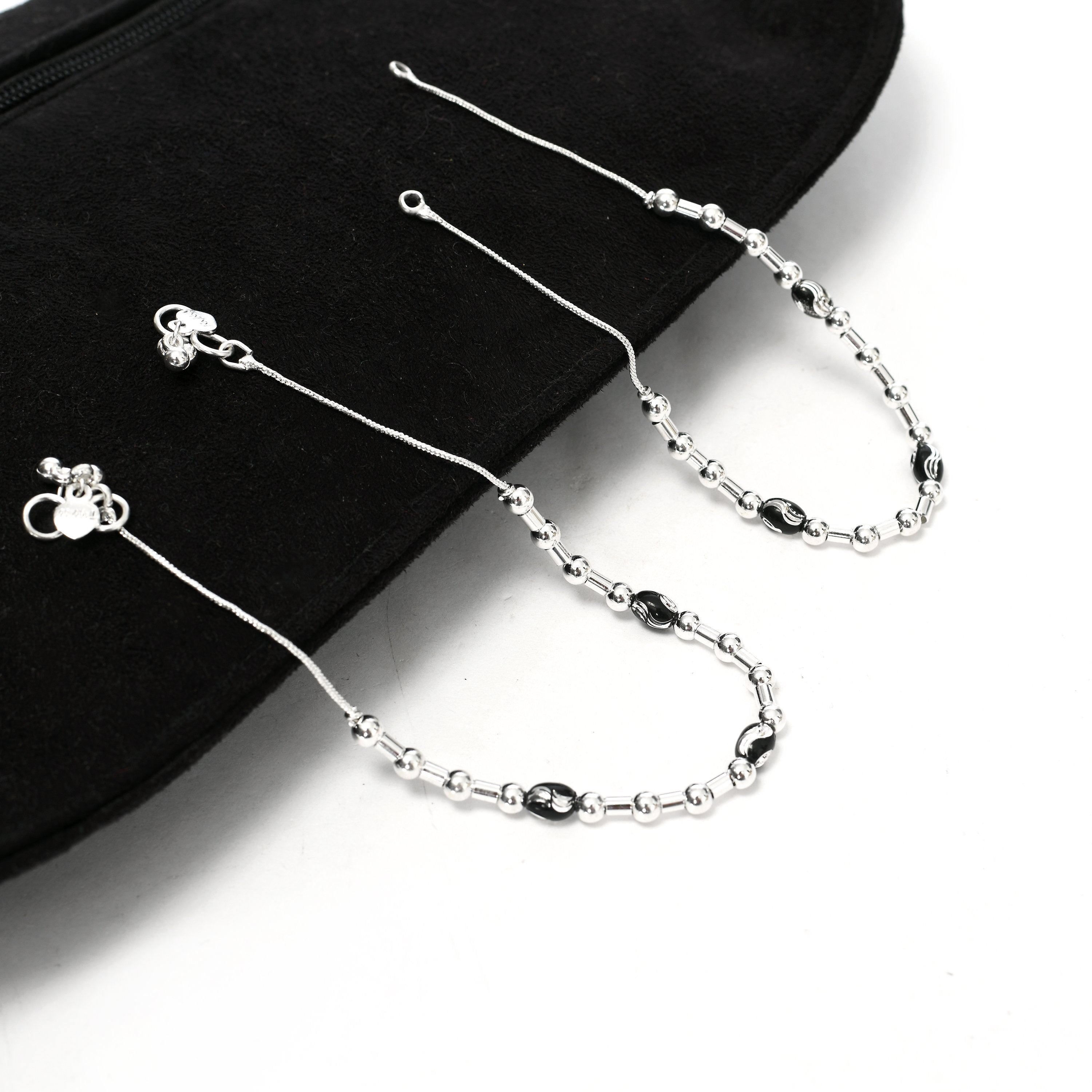 Women's Silver Plated Anklet With Black Beads - Tehzeeb