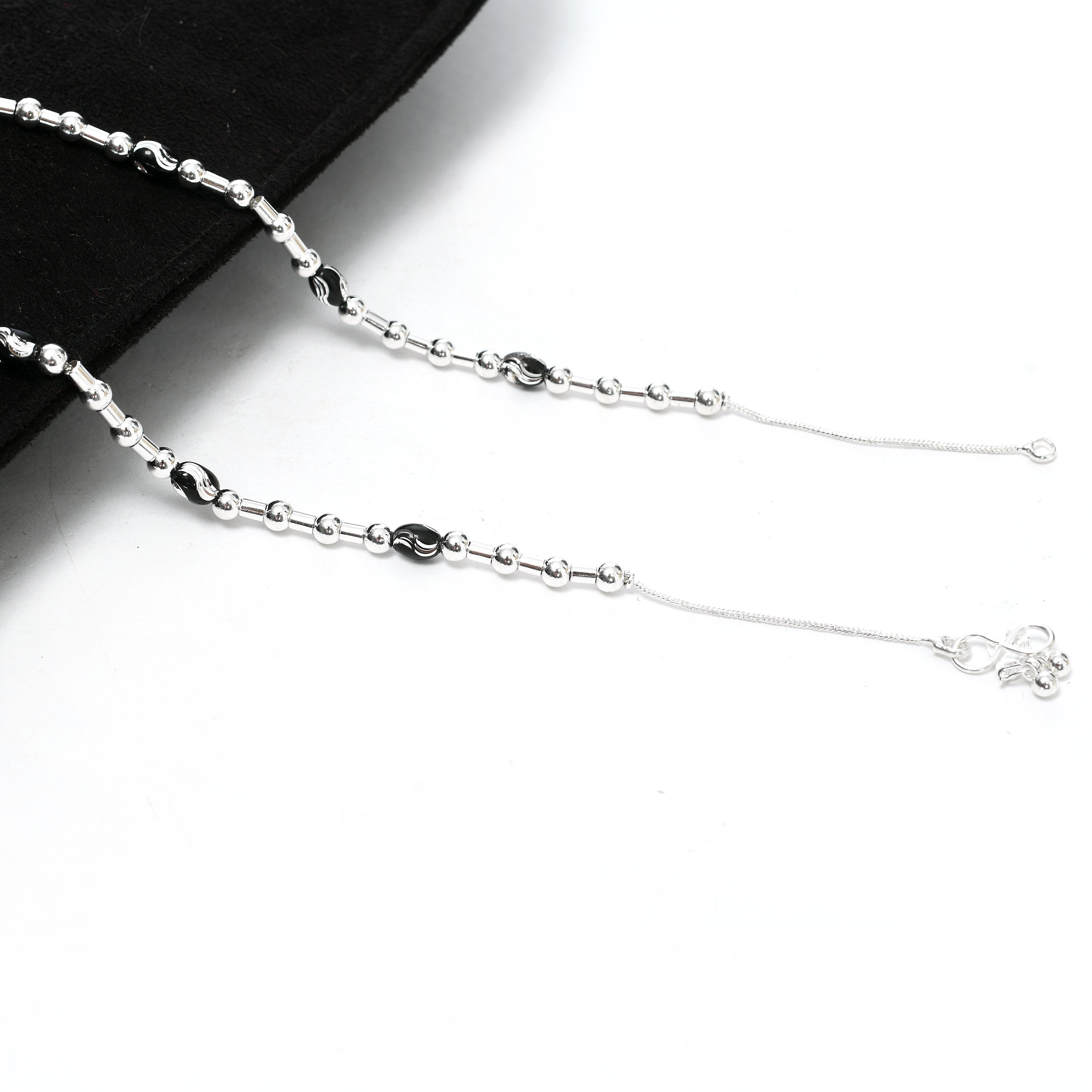 Women's Silver Plated Anklet With Black Beads - Tehzeeb
