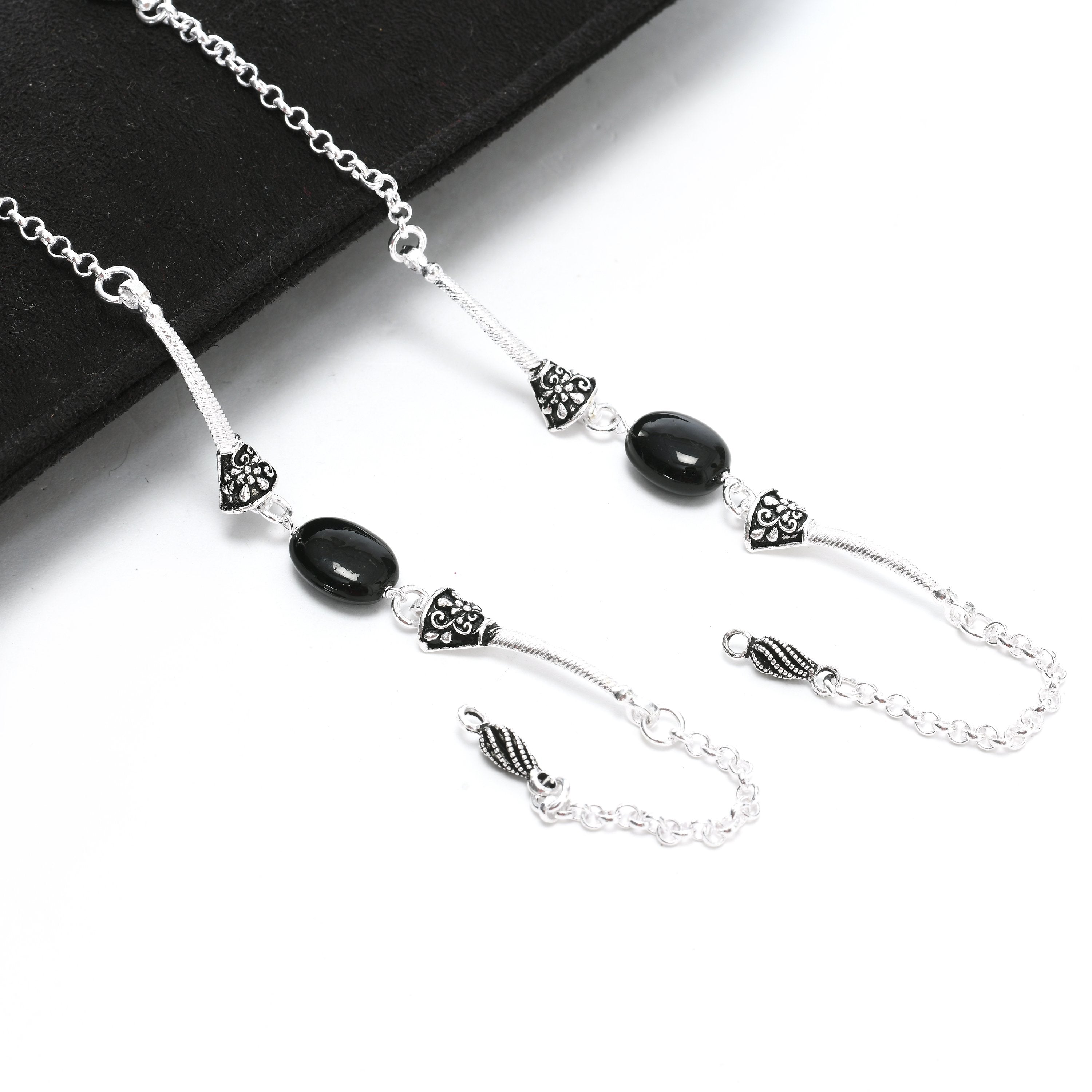 Women's Silver Plated Anklets With Black Beads  - Tehzeeb