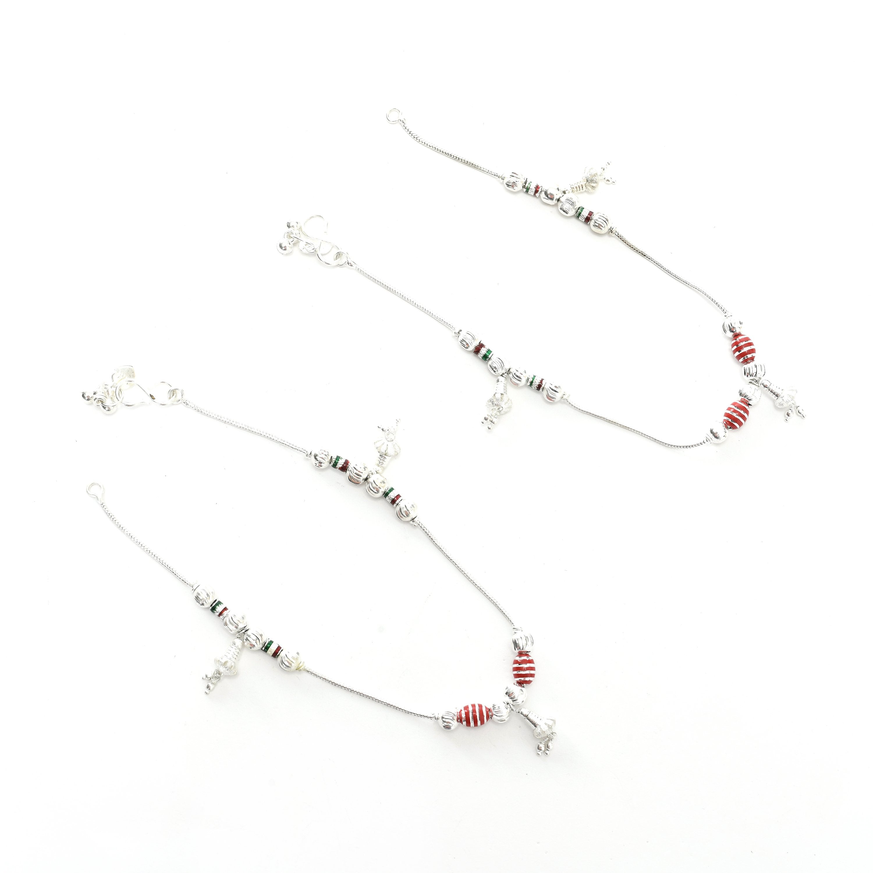 Women's Silver Plated Anklet With Green And Red Line  - Tehzeeb