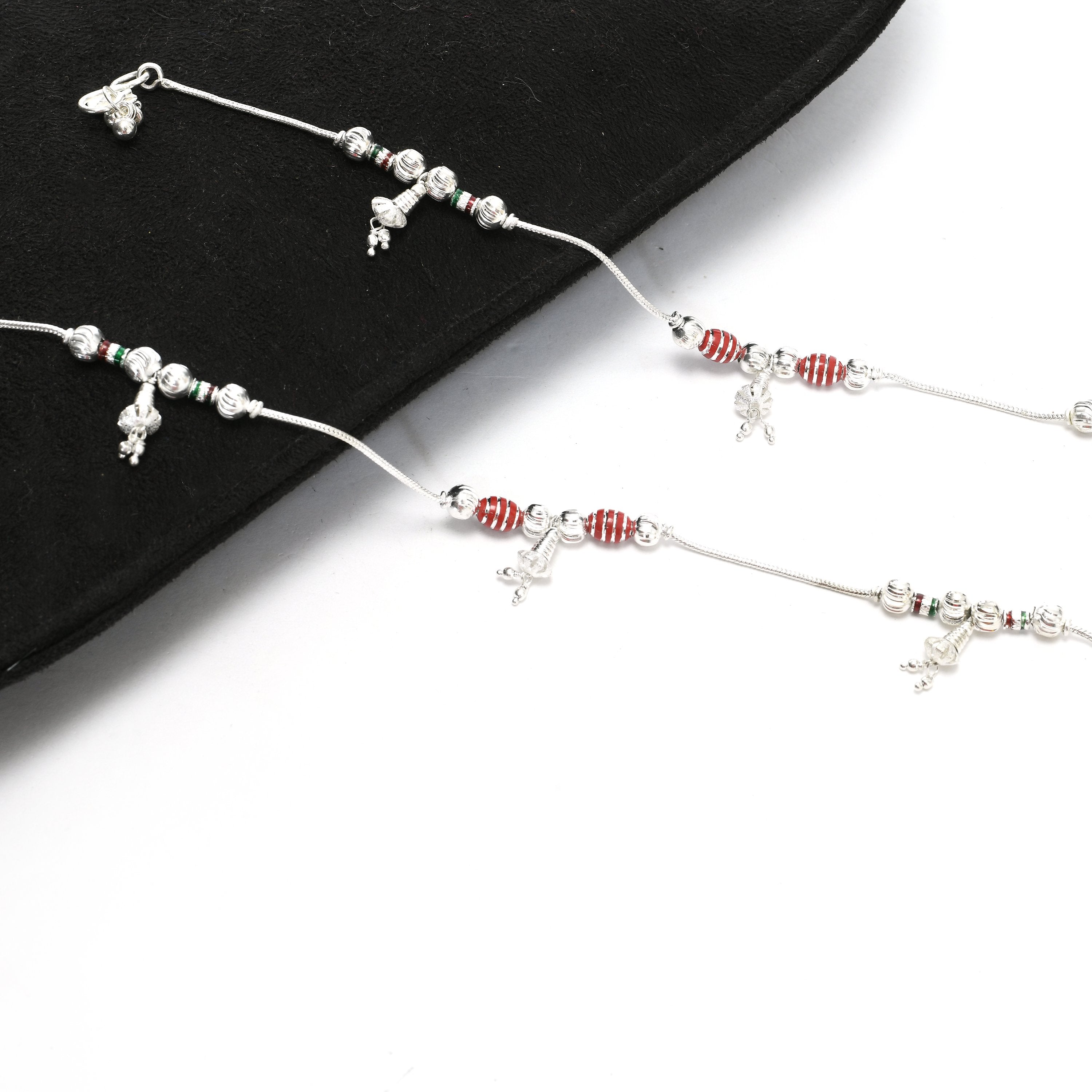 Women's Silver Plated Anklet With Green And Red Line  - Tehzeeb