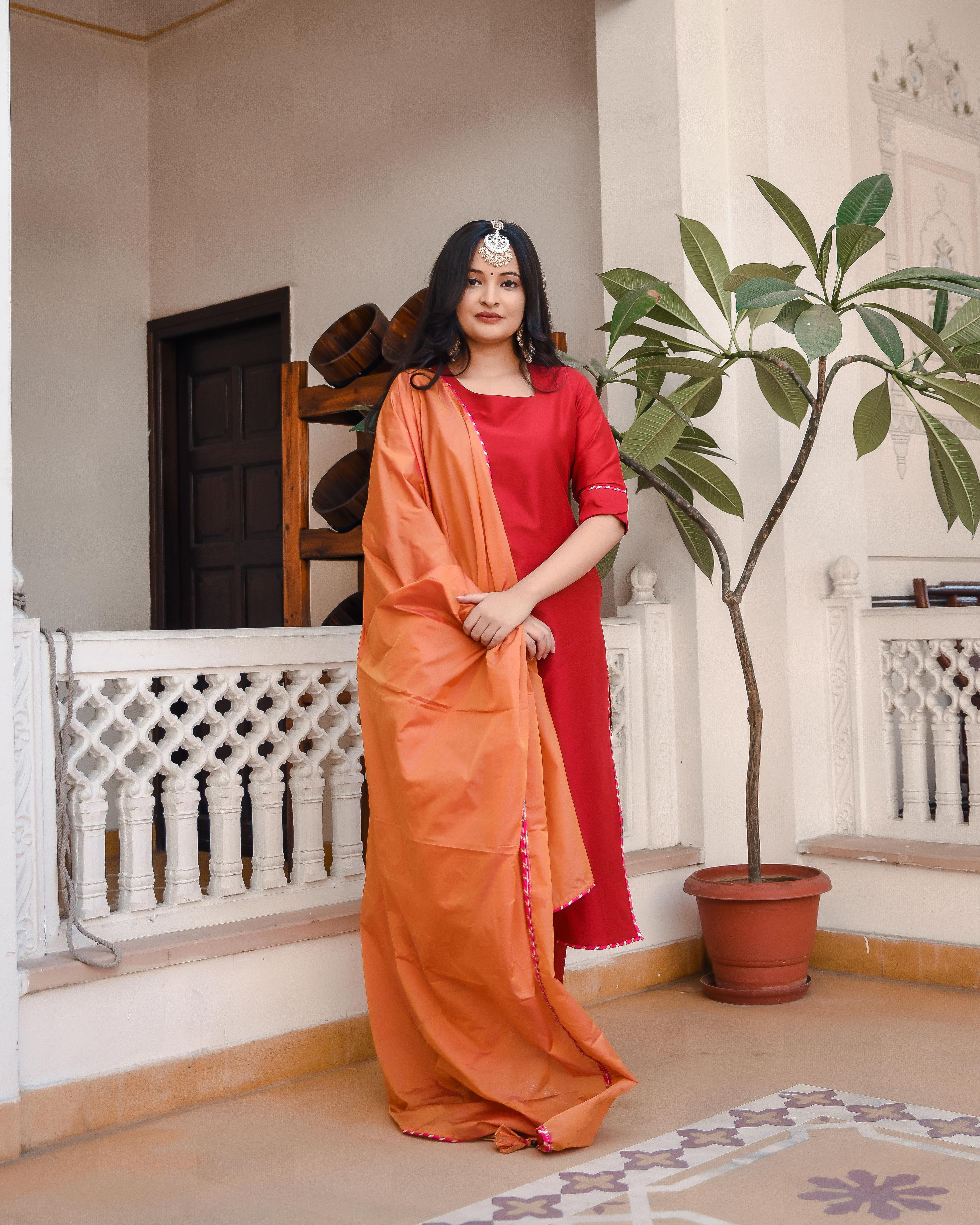 Orange And Pink Chanderi Kurta Suit Set With Organza Dupatta – Label  Shaurya Sanadhya