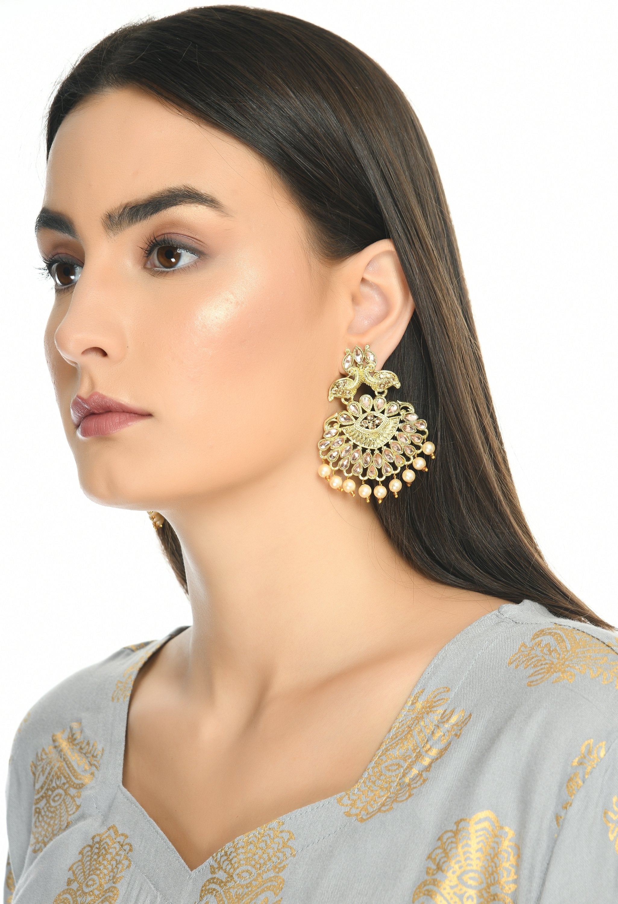 Women's Peacock Desing Earrings With Kundan And Pearl  - Tehzeeb