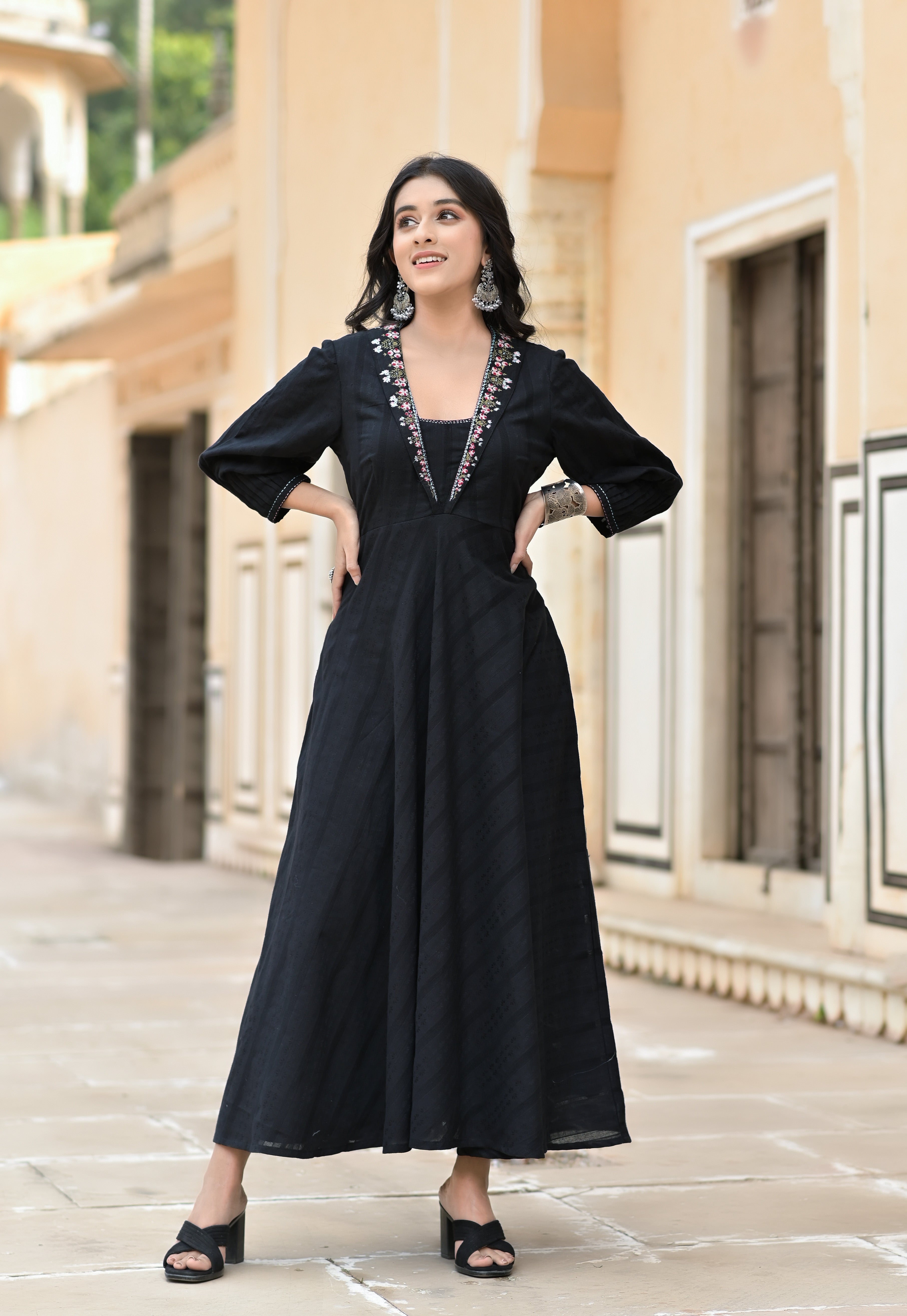 Women's Obsidian Black Dobby Embroidery Dress - Hatheli