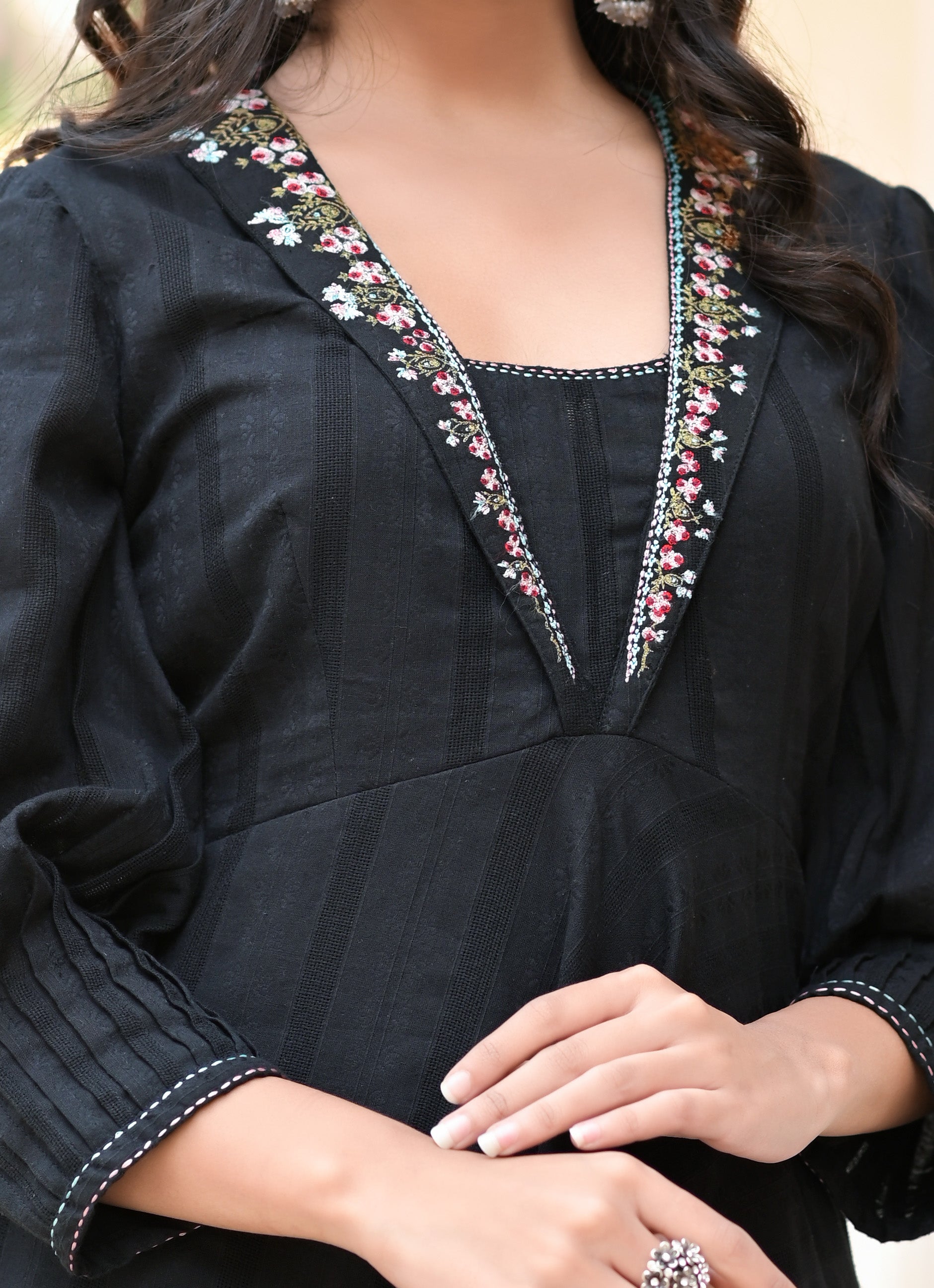 Women's Obsidian Black Dobby Embroidery Dress - Hatheli