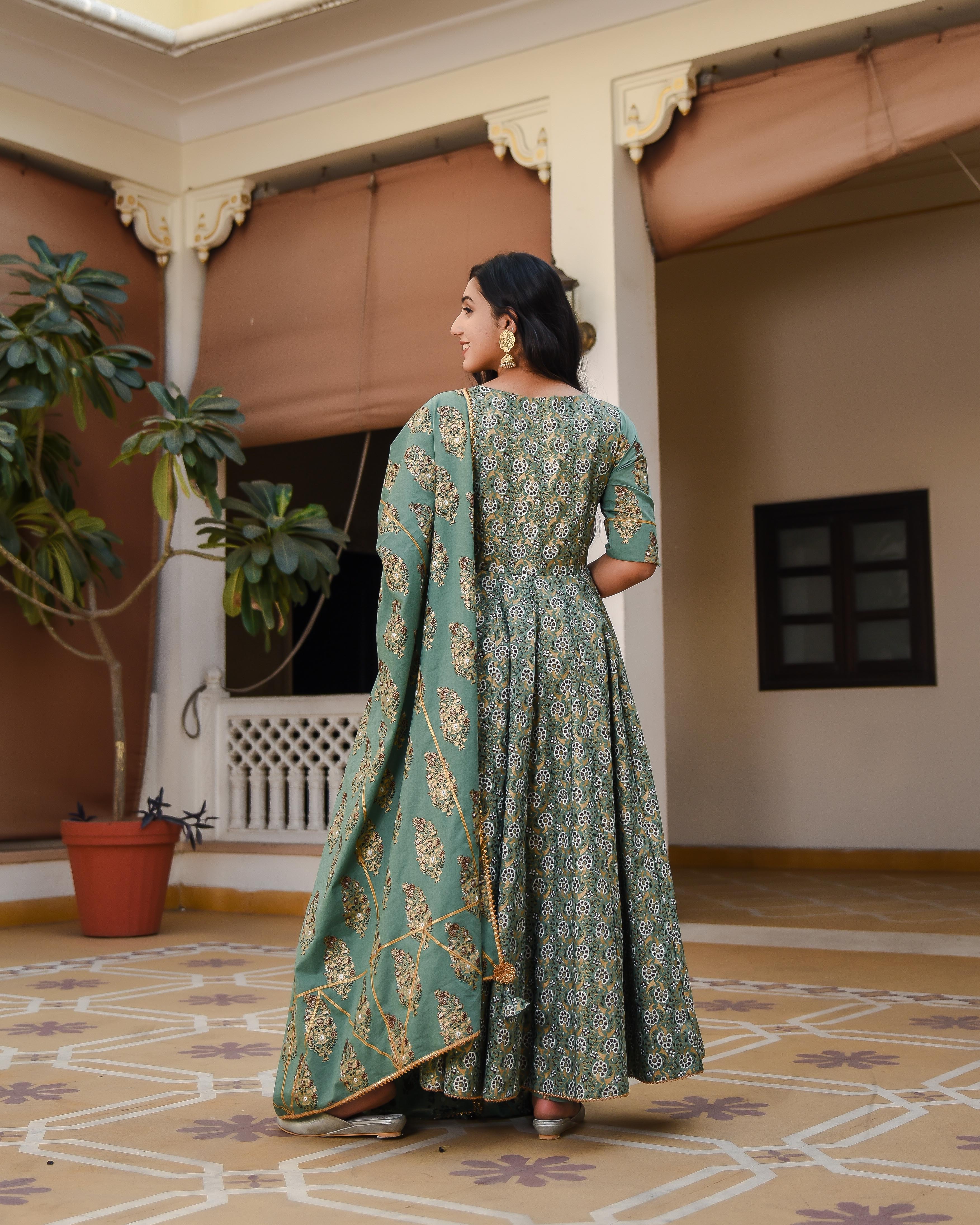 Women's Juniper Green Front Slit Suit Set - Indian Virasat