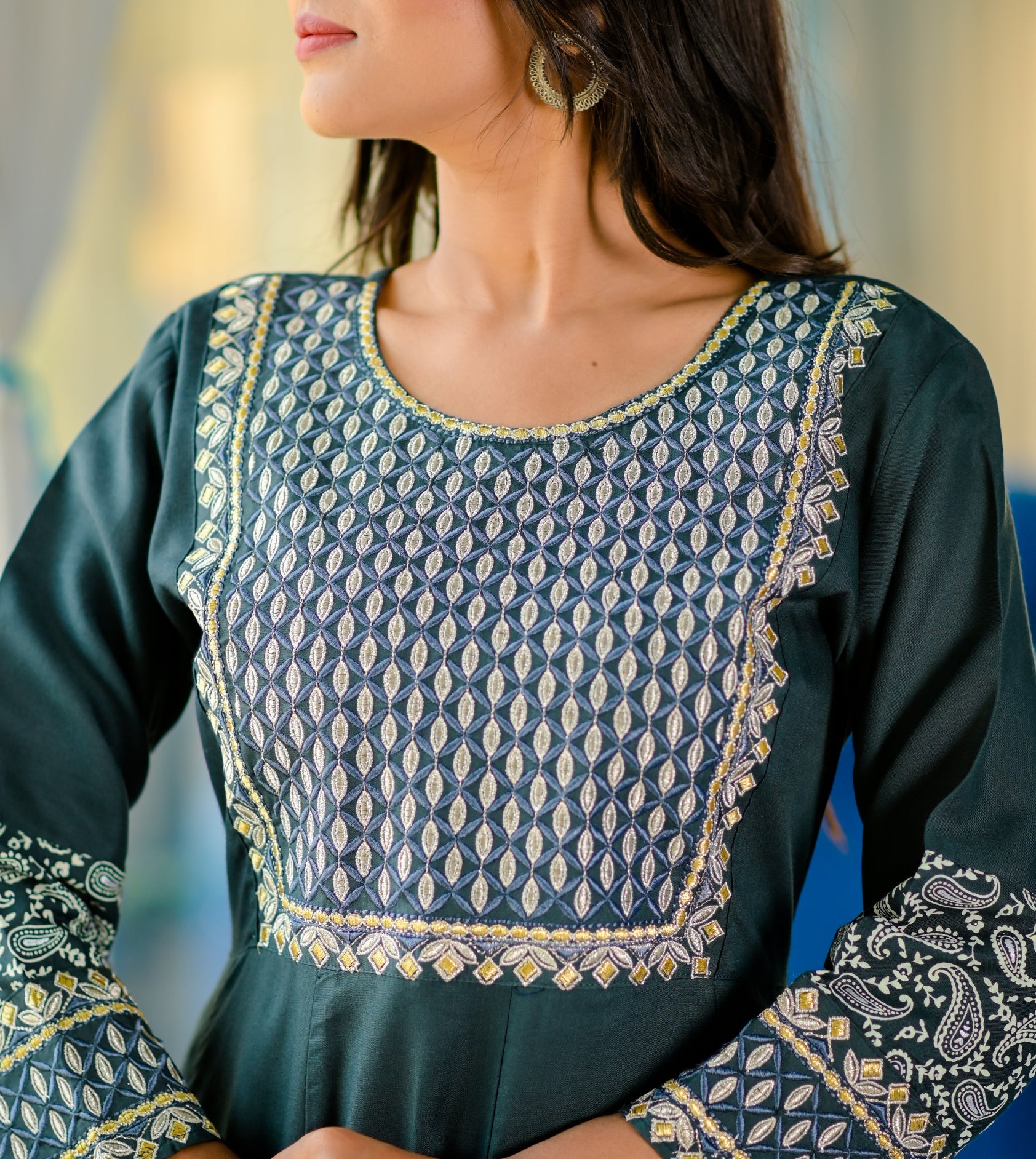 Women's Green  Embroidered Dress - Yufta