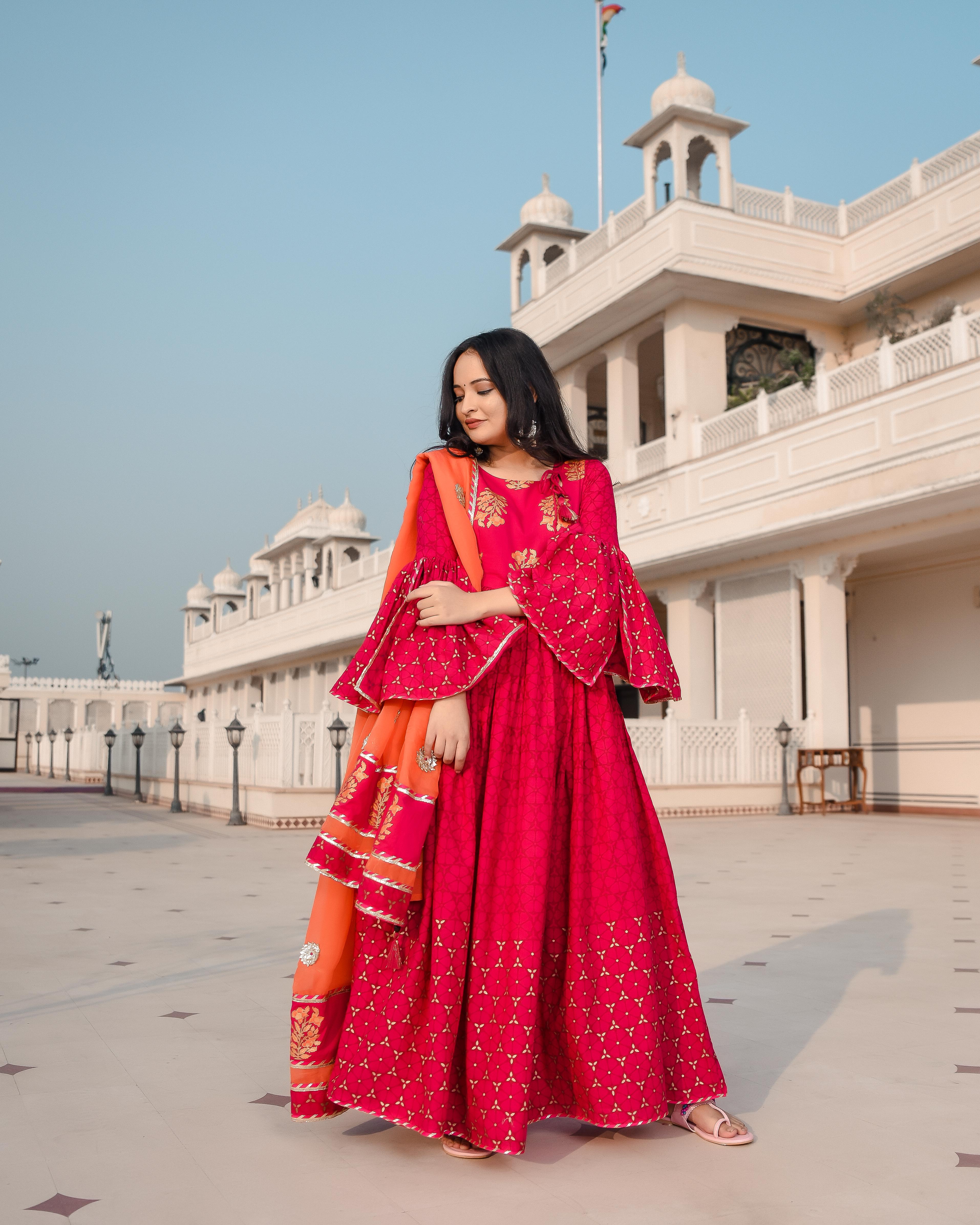 Women's Pink Flary Dress with butterfly Sleeves and Contrast Dupatta - Indian Virasat