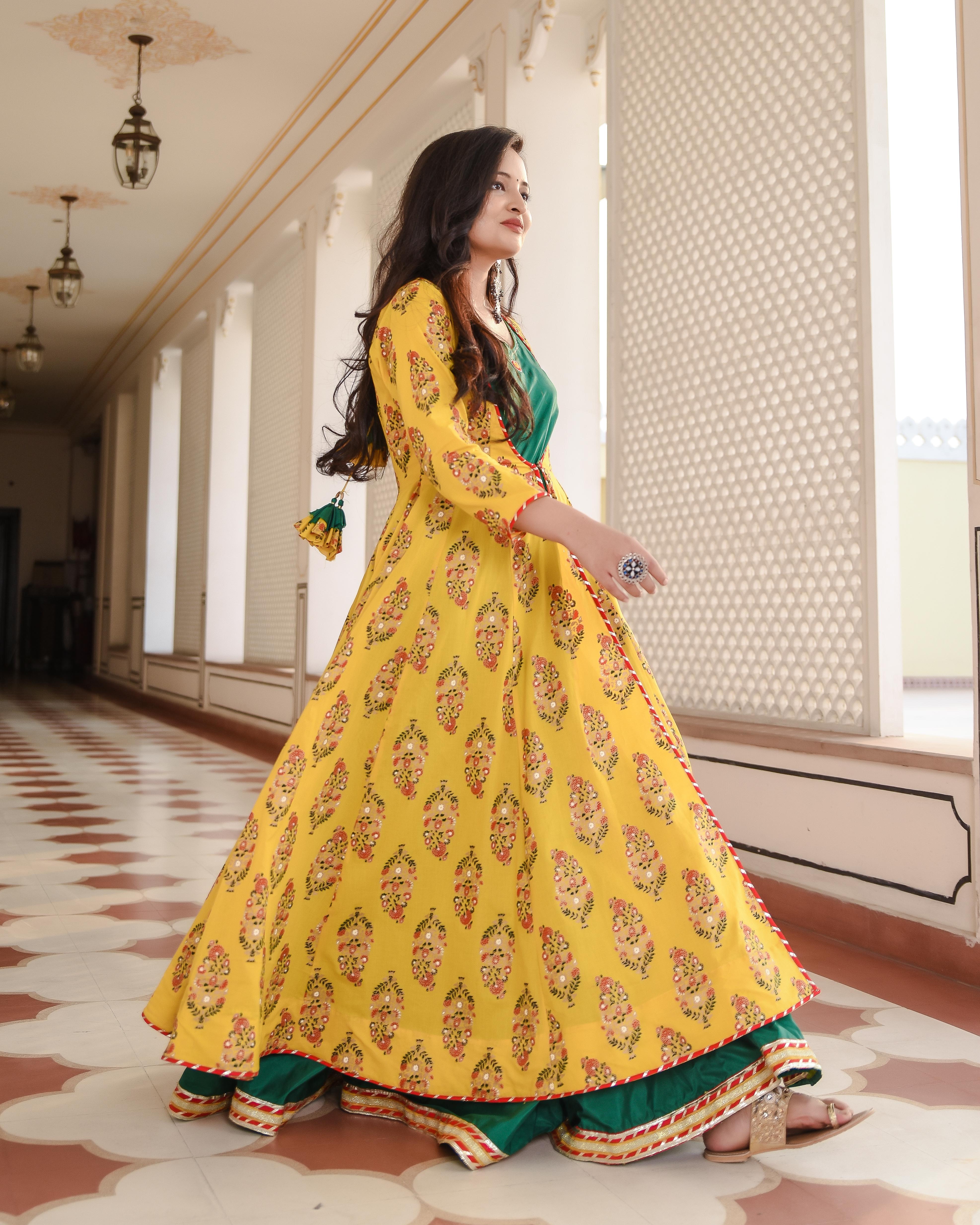 Women's Marigold Yellow Floral Boota Cape with Embroidered Inner - Indian Virasat