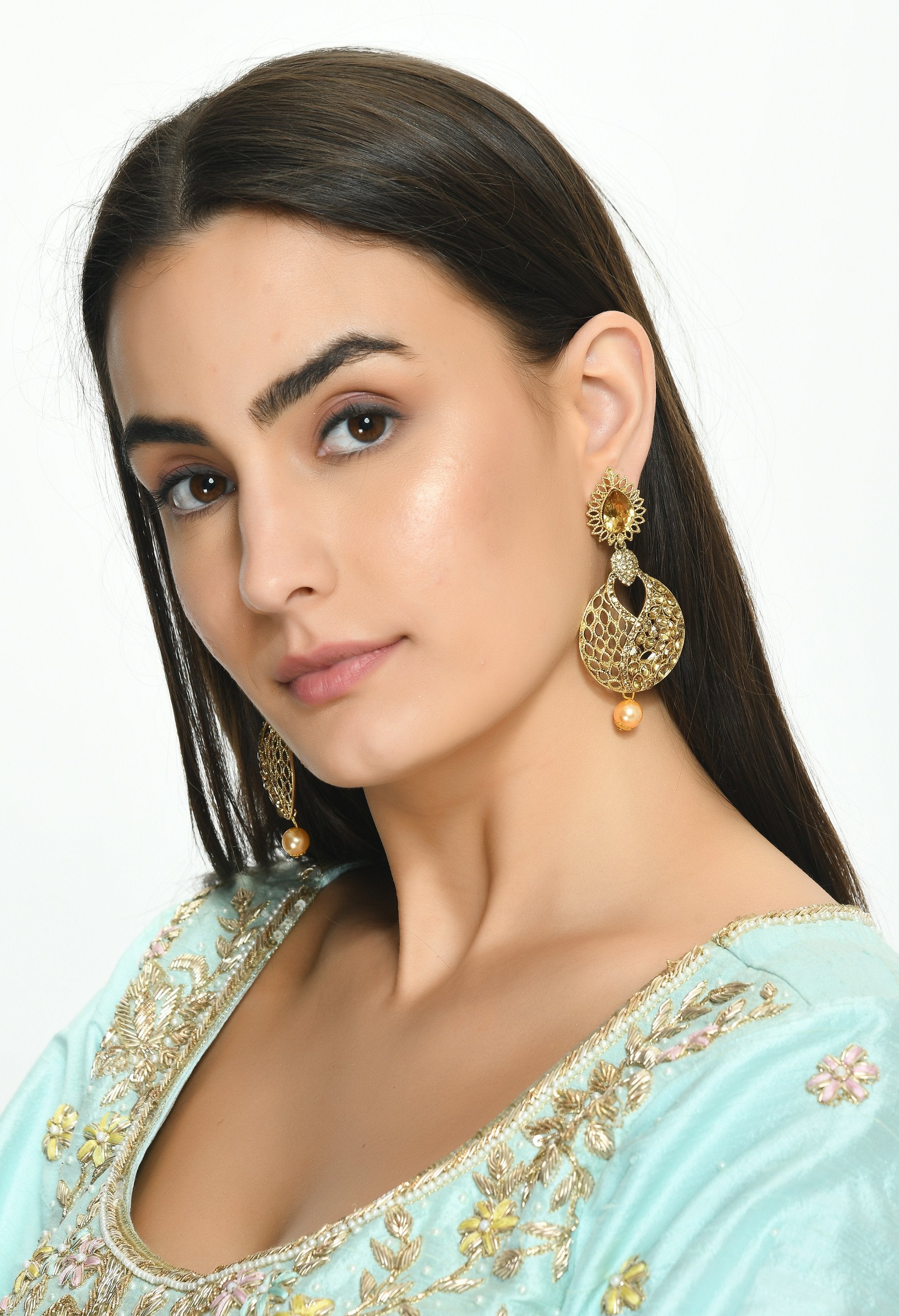 Women's Golden Plated Earrings With Kundan And Pearl  - Tehzeeb