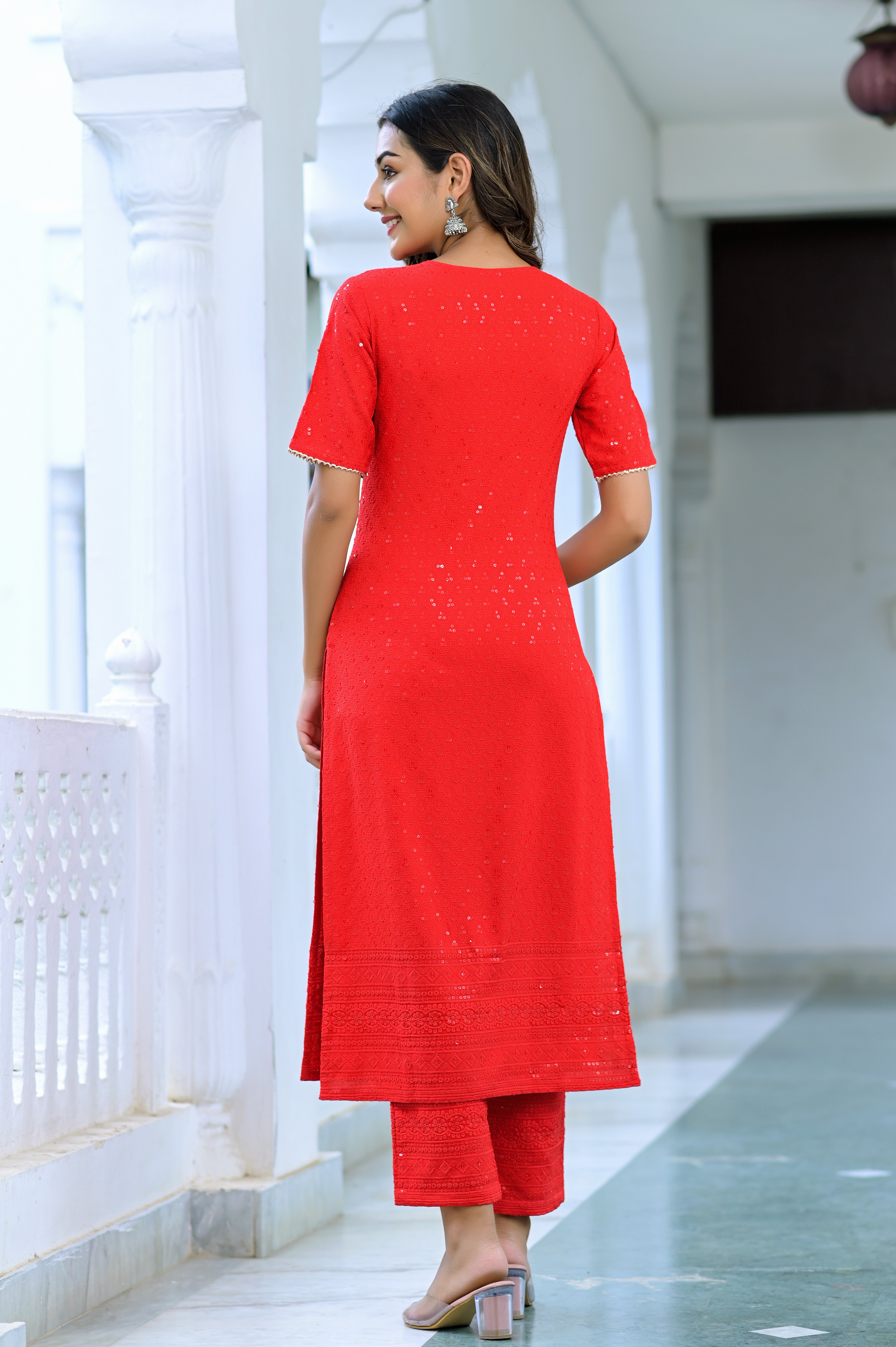 Women's Scarlet Red Sequined Suit Set - Hatheli