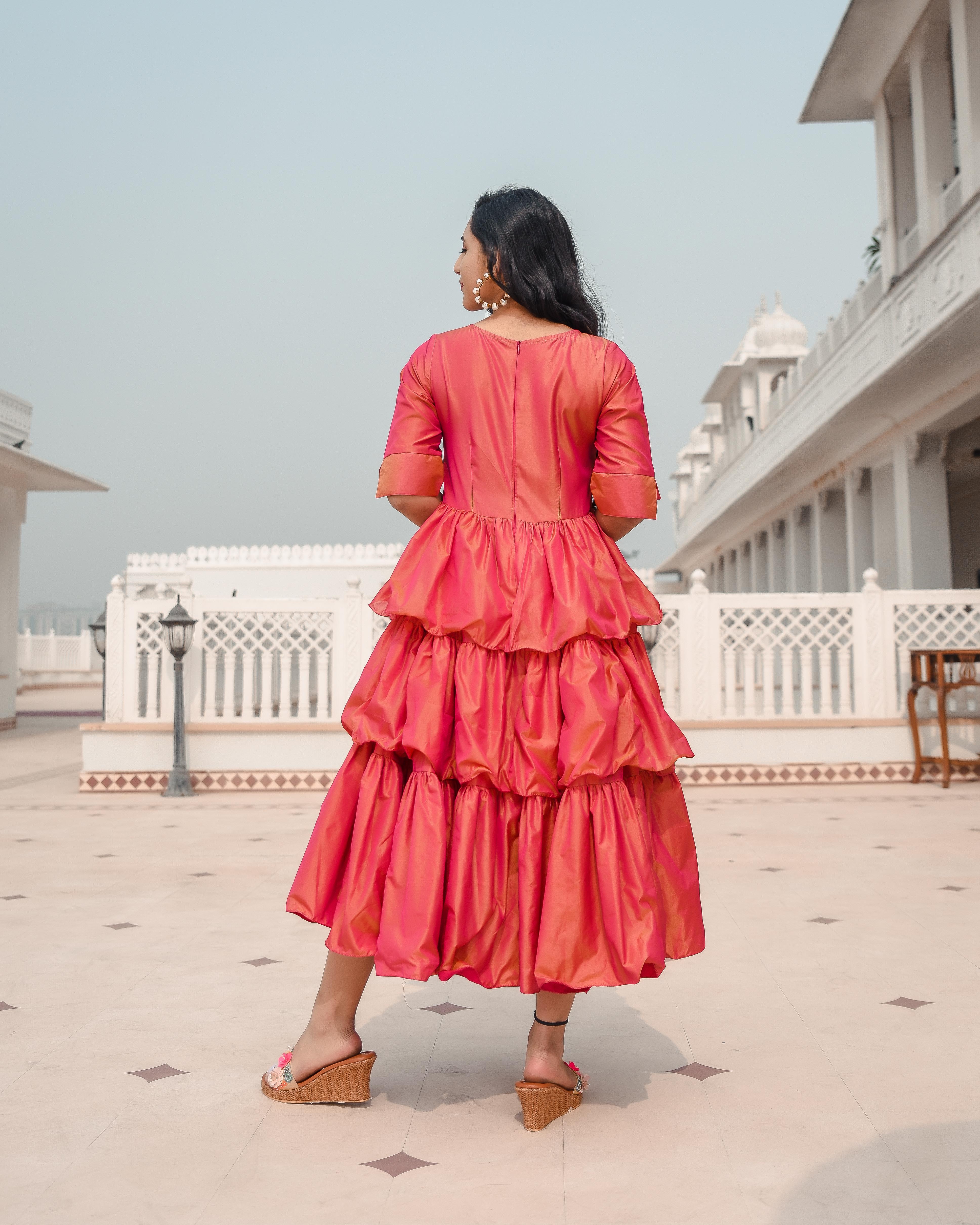 Women's Ruffled Rose Button Dress - Indian Virasat