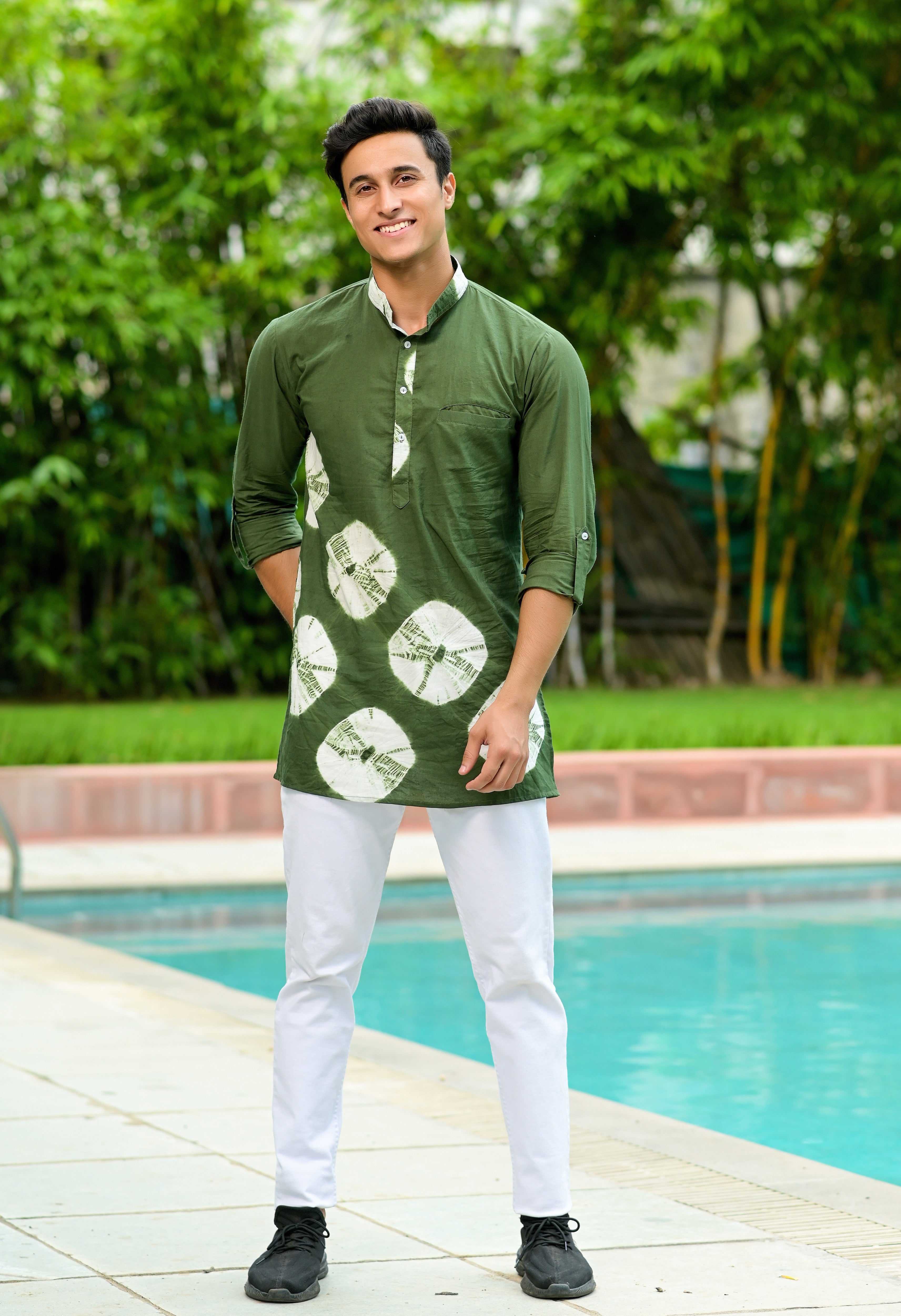 Men's Sage Green Bandhani Cotton Kurta - Hatheli