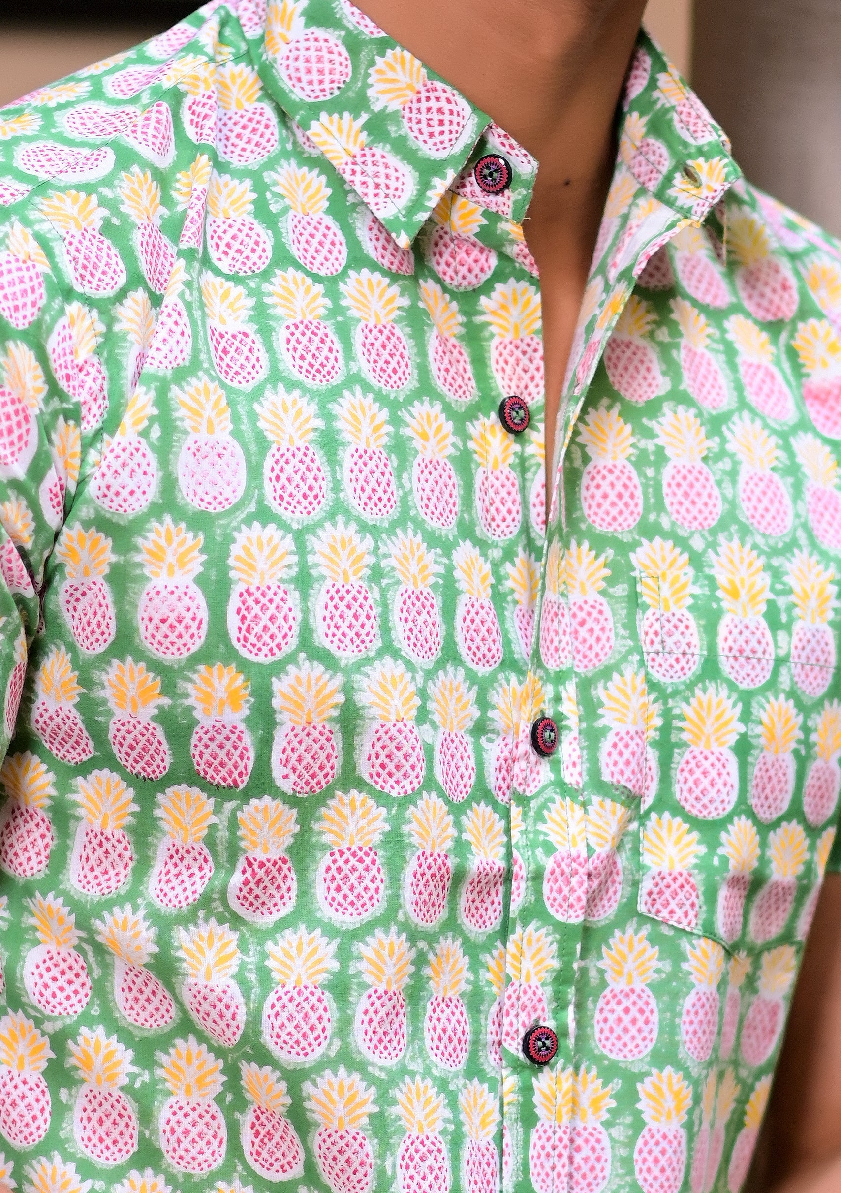 Men's Pure Hand Block Pineapple Print Shirt - Hatheli