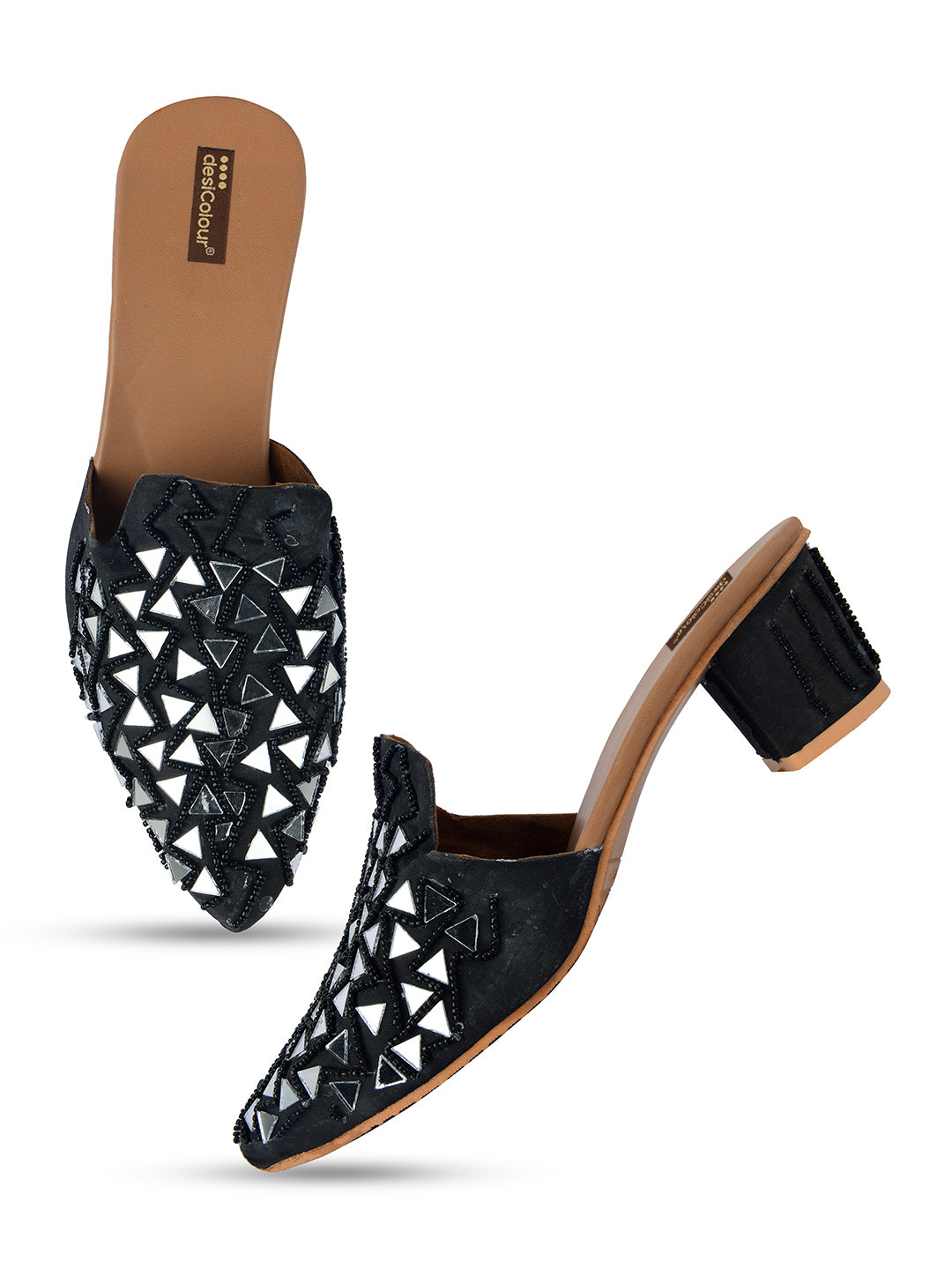 Women's Black Mirror Mules  Indian Ethnic Comfort Footwear - Desi Colour