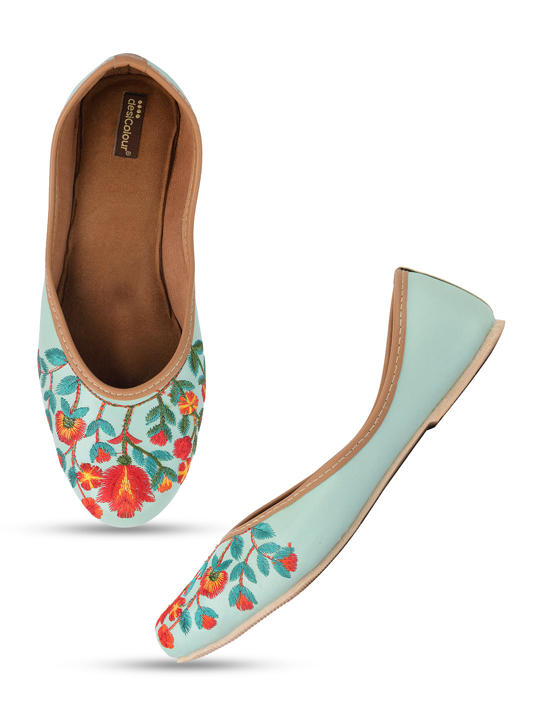 Women's Sea Green Floral  Indian Ethnic Comfort Footwear - Desi Colour