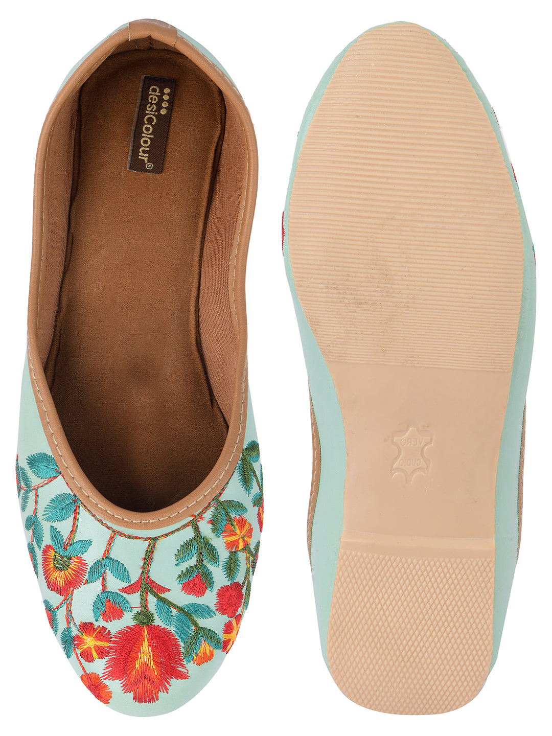 Women's Sea Green Floral  Indian Ethnic Comfort Footwear - Desi Colour