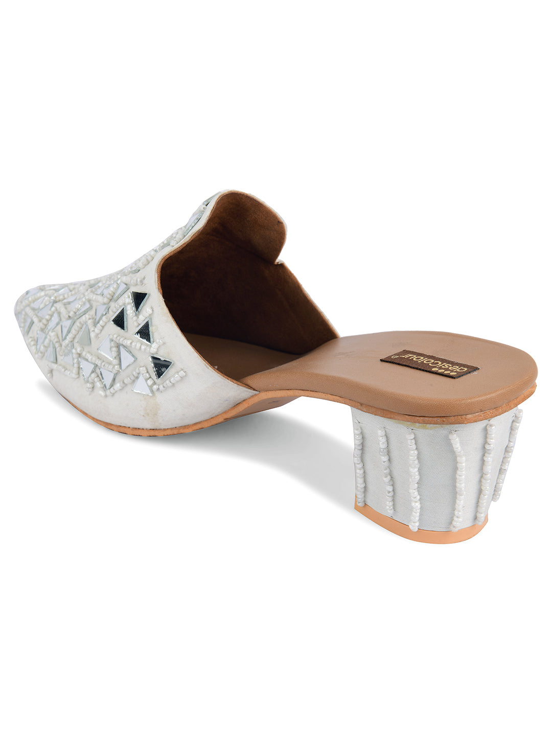 Women's White Mirror Mules  Indian Ethnic Comfort Footwear - Desi Colour