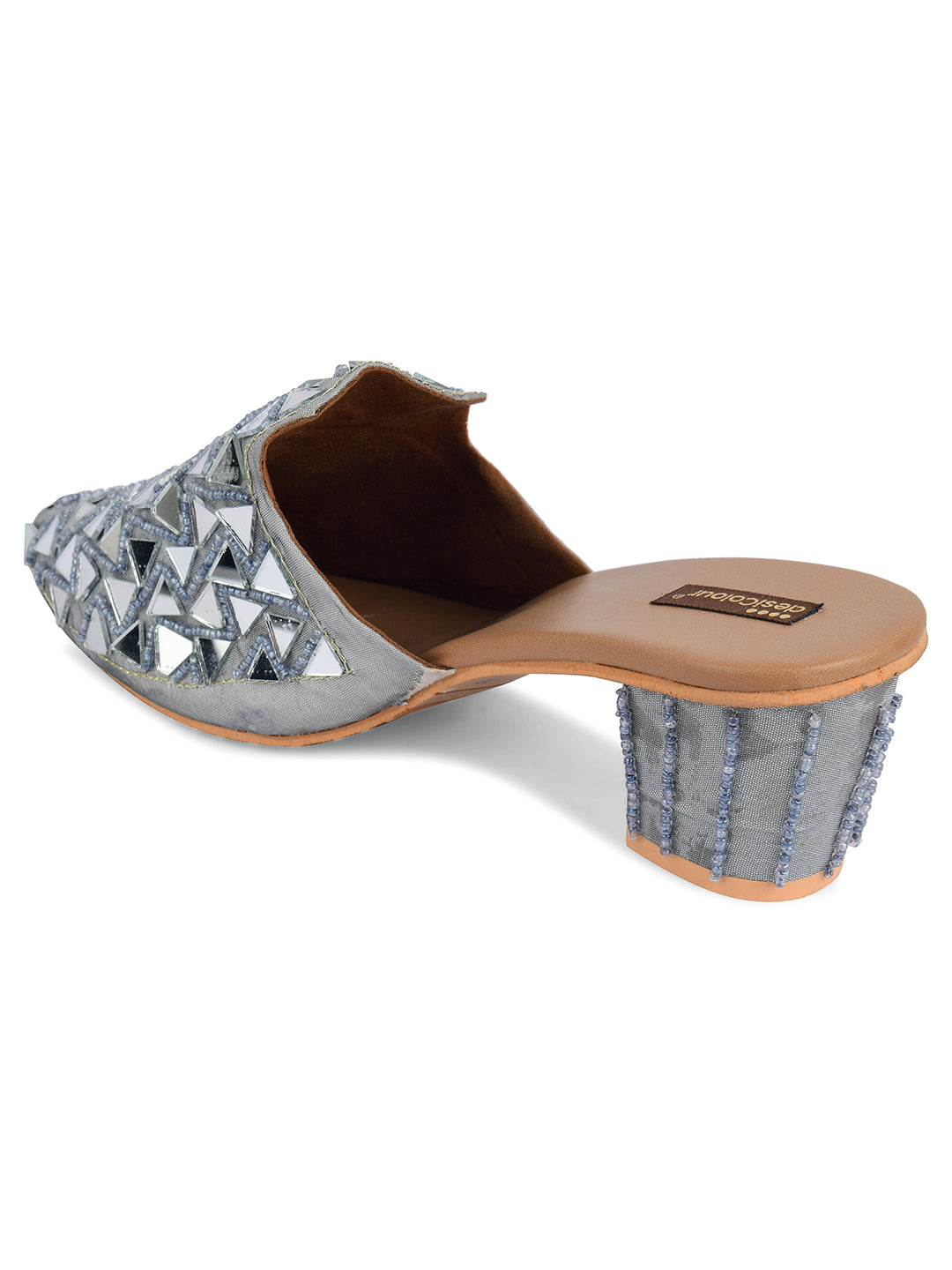 Women's Grey Mirror Mules  Indian Ethnic Comfort Footwear - Desi Colour