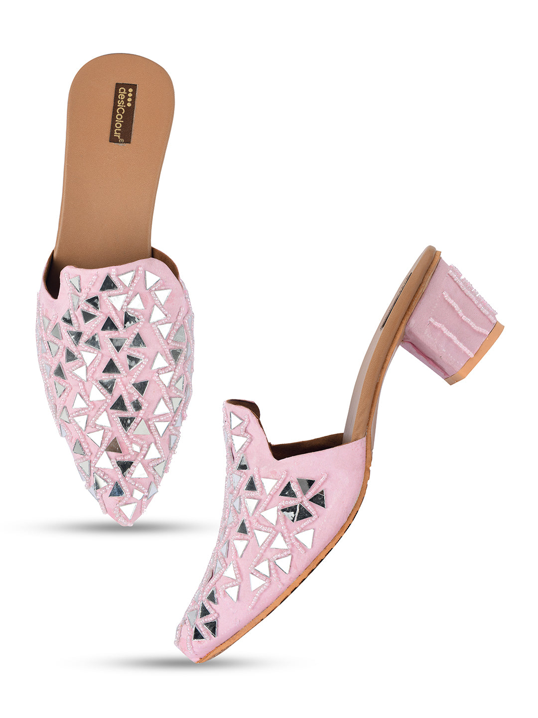 Women's Soft Pink Mirror Mules  Indian Ethnic Comfort Footwear - Desi Colour