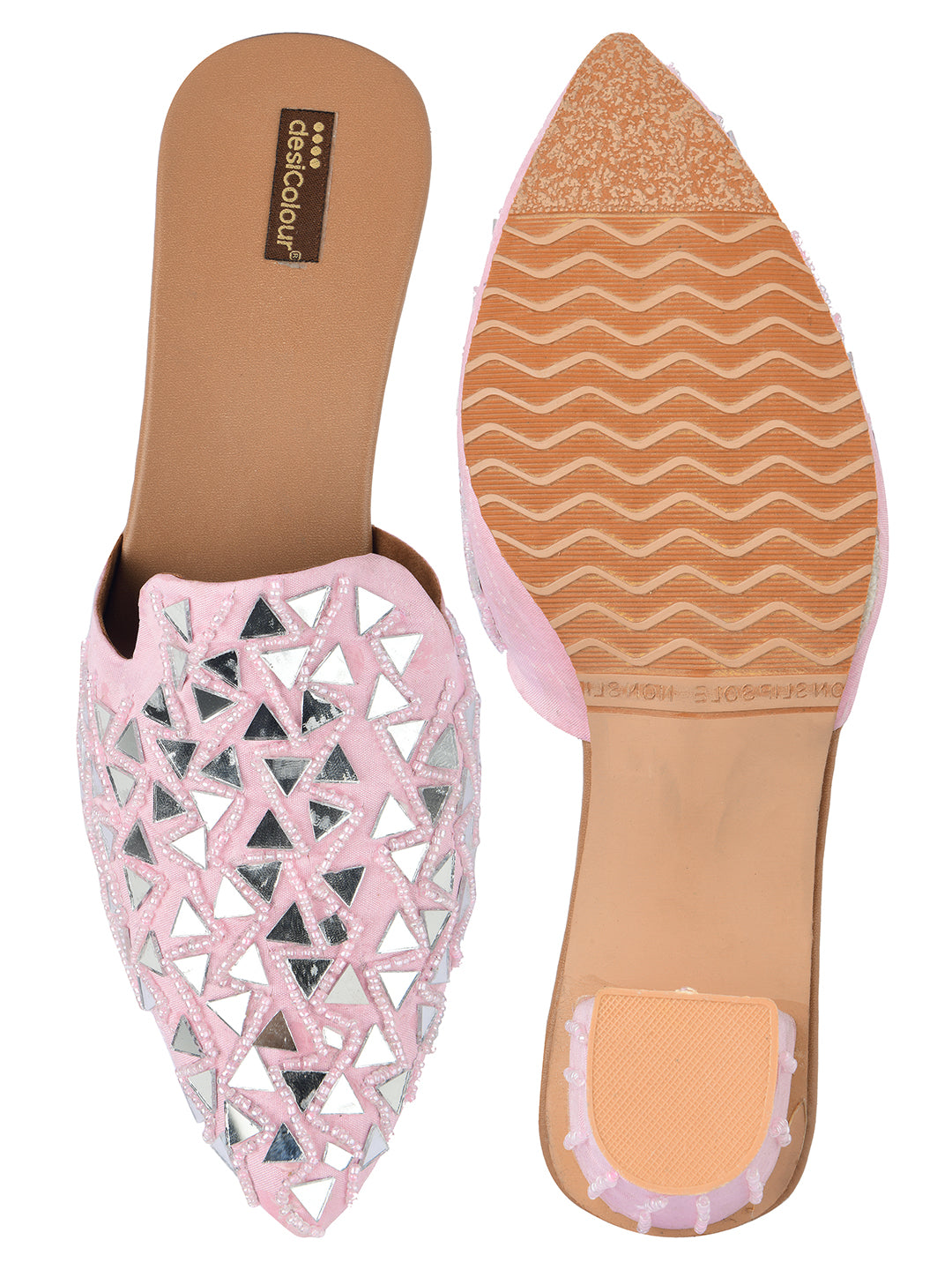 Women's Soft Pink Mirror Mules  Indian Ethnic Comfort Footwear - Desi Colour