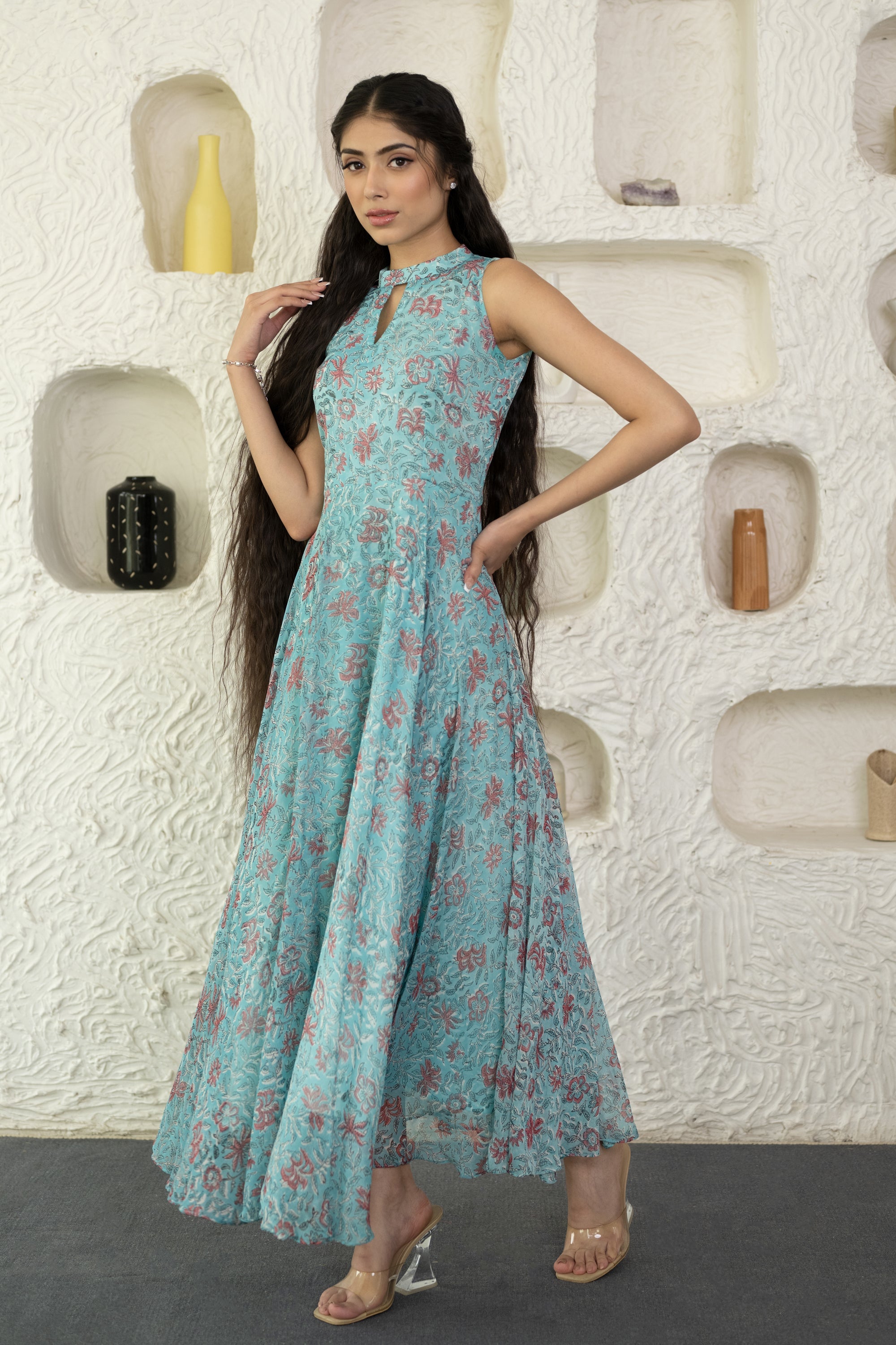Women's Sky Blue Chiffon Block Printed Gown By Saras The Label (1 Pc Set)