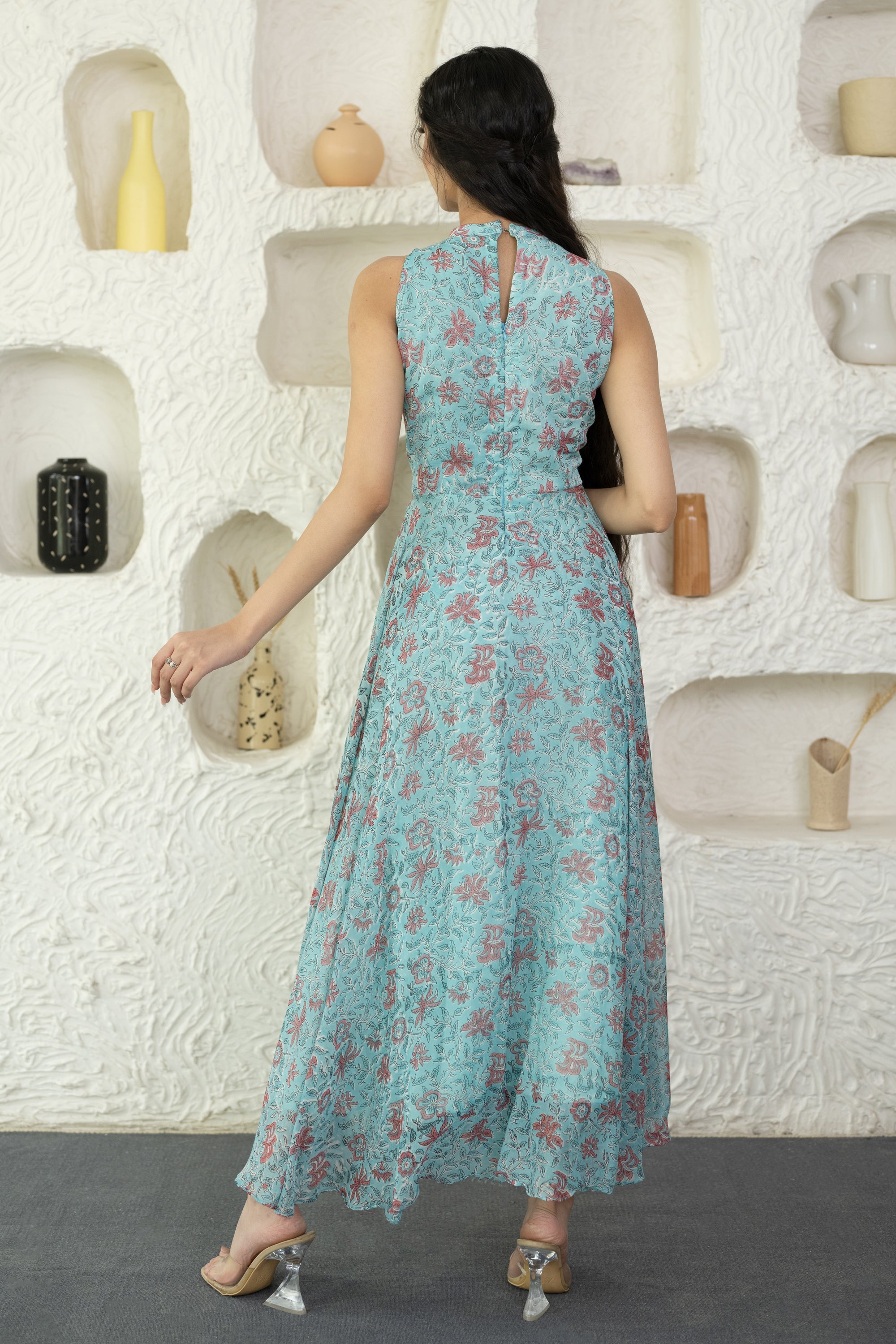 Women's Sky Blue Chiffon Block Printed Gown By Saras The Label (1 Pc Set)