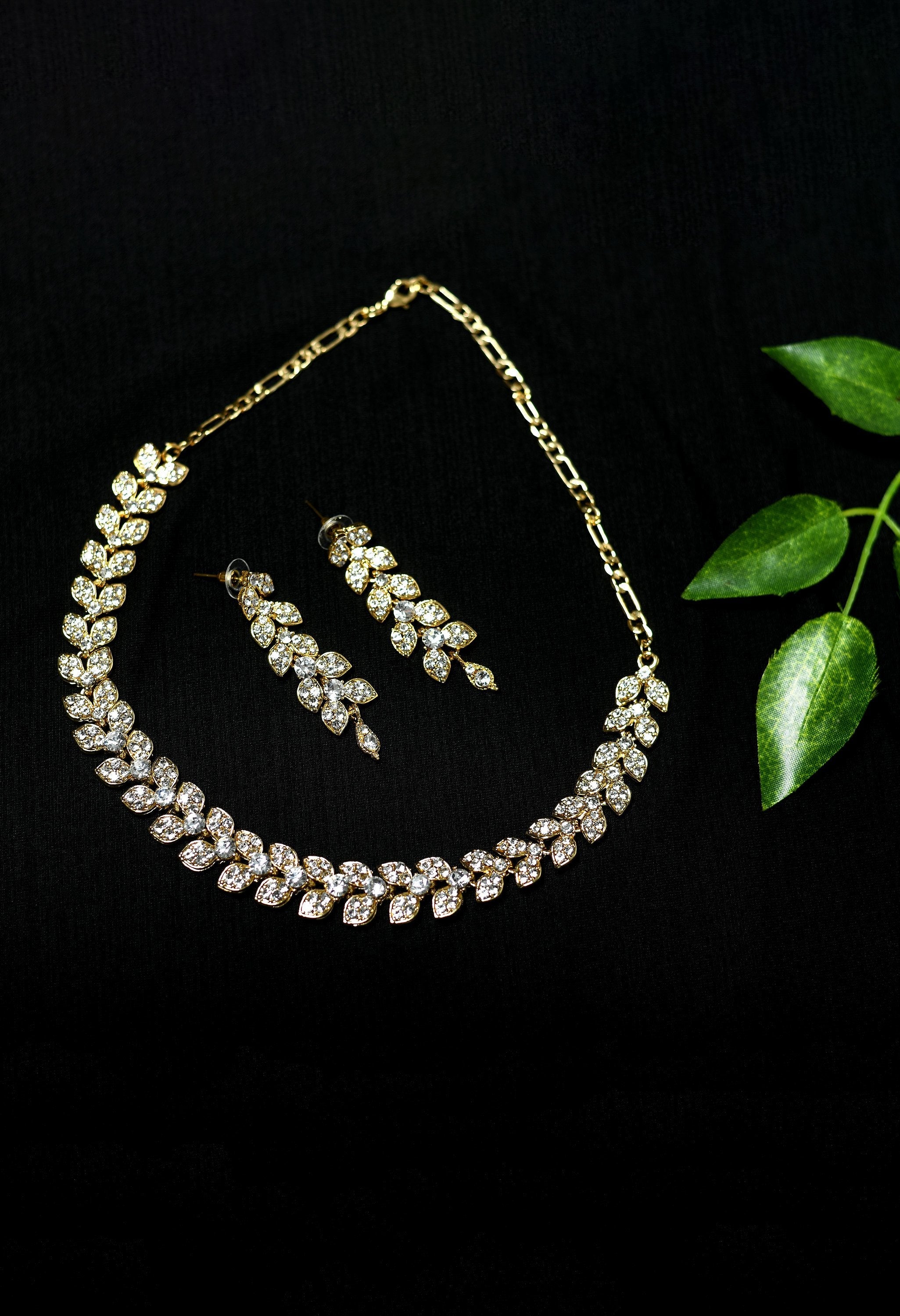 Women's white stone studded  leaves design nacklace  -Tehzeeb