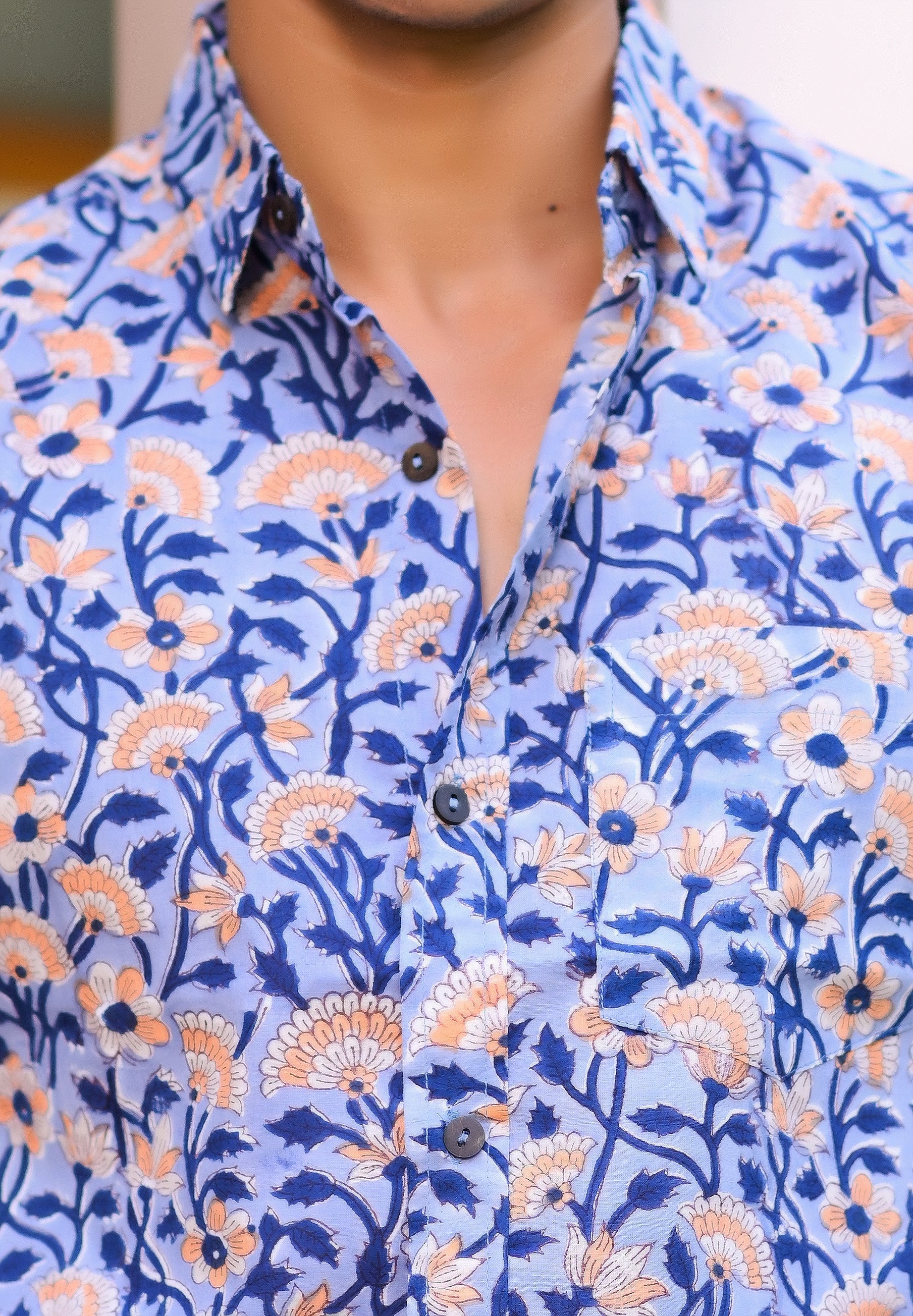 Men's Pure Hand Block Flower Patterned Shirt - Hatheli