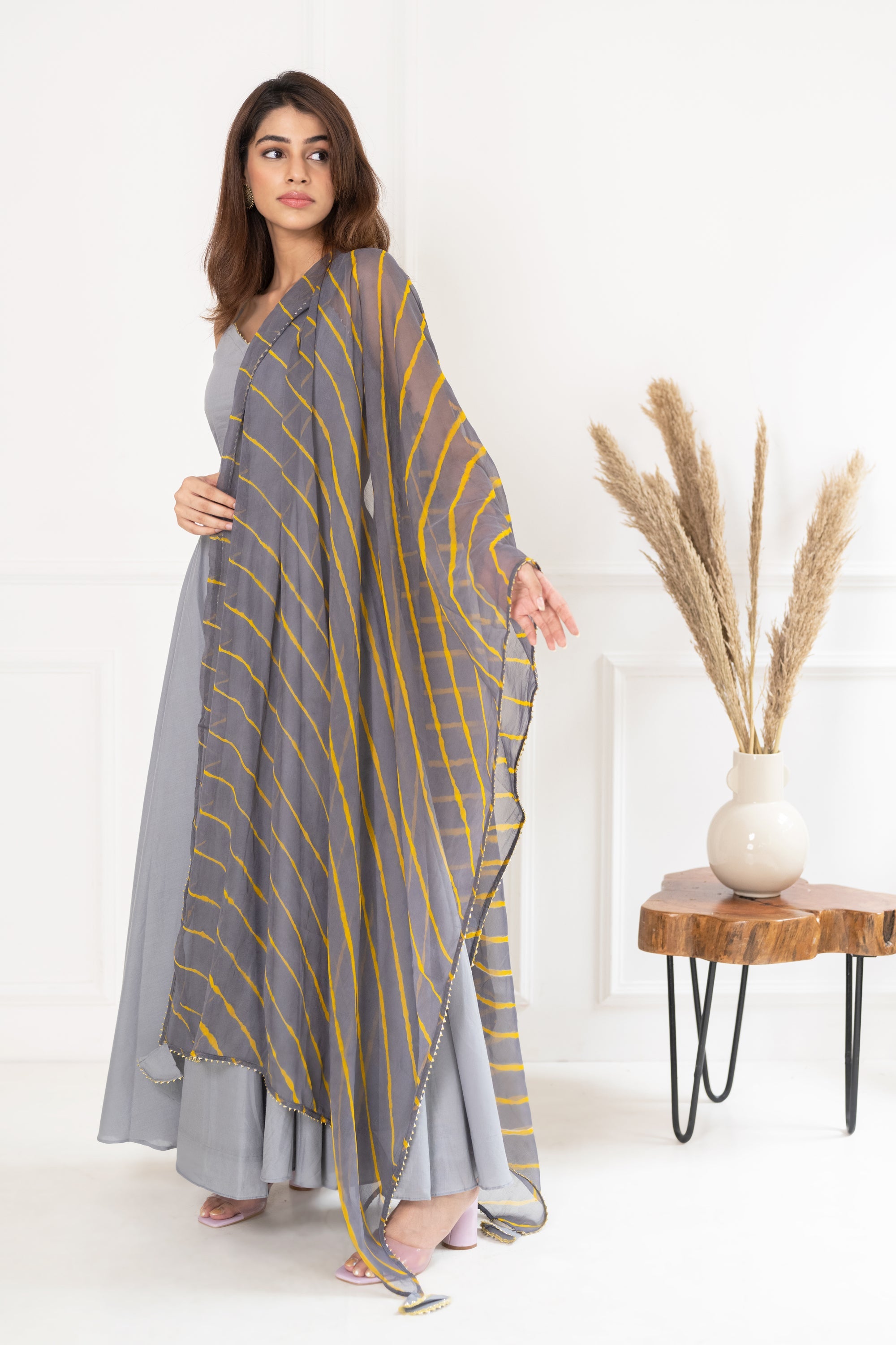 Women's Grye Gown With Leheriya Dupatta - Saras The Label