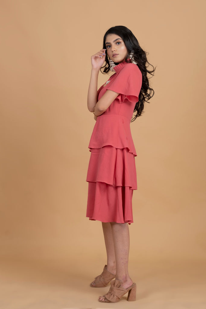 Women's Pink Chocker Neck  Midi Dress