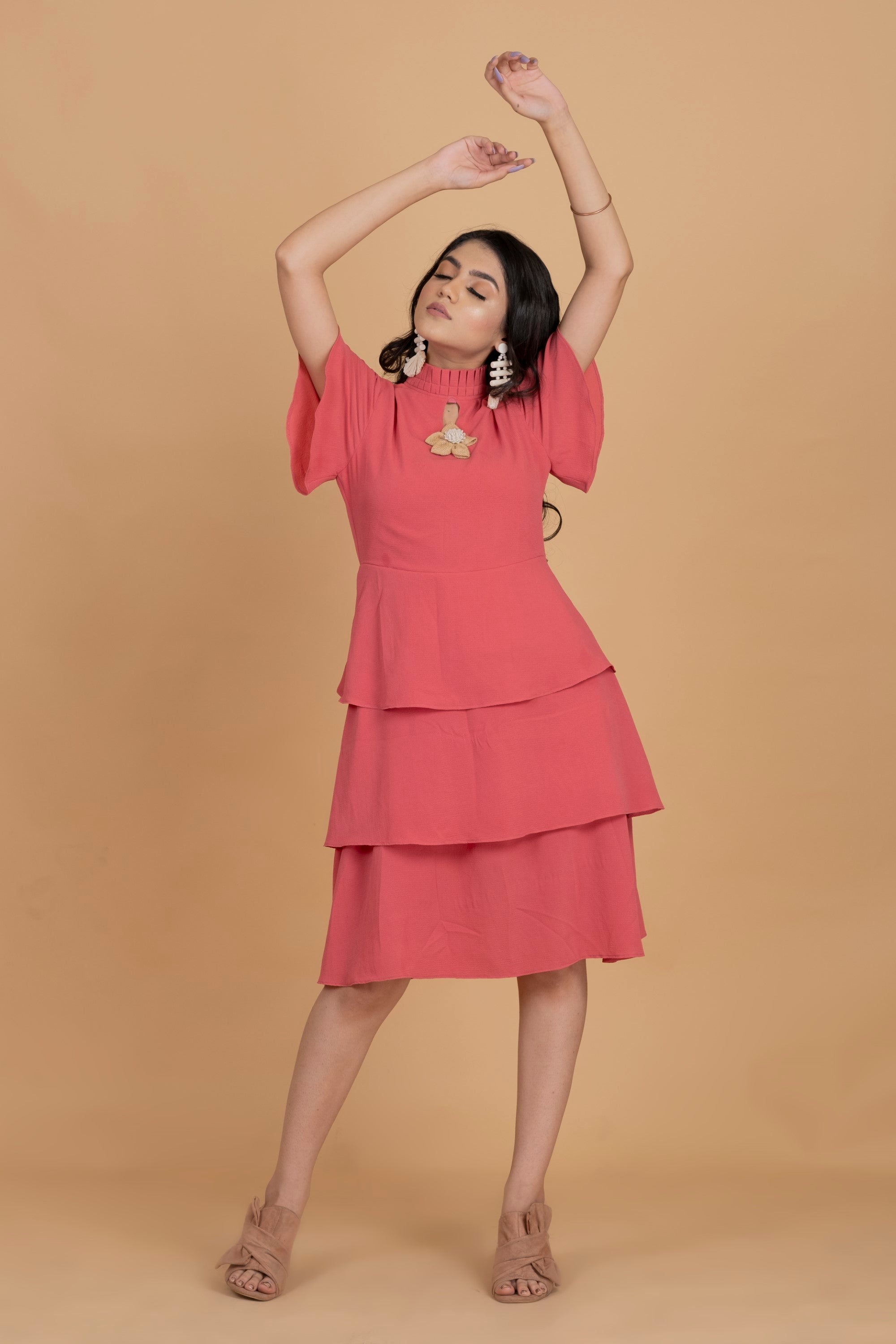 Women's Pink Chocker Neck  Midi Dress