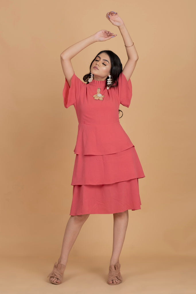 Women's Pink Chocker Neck  Midi Dress