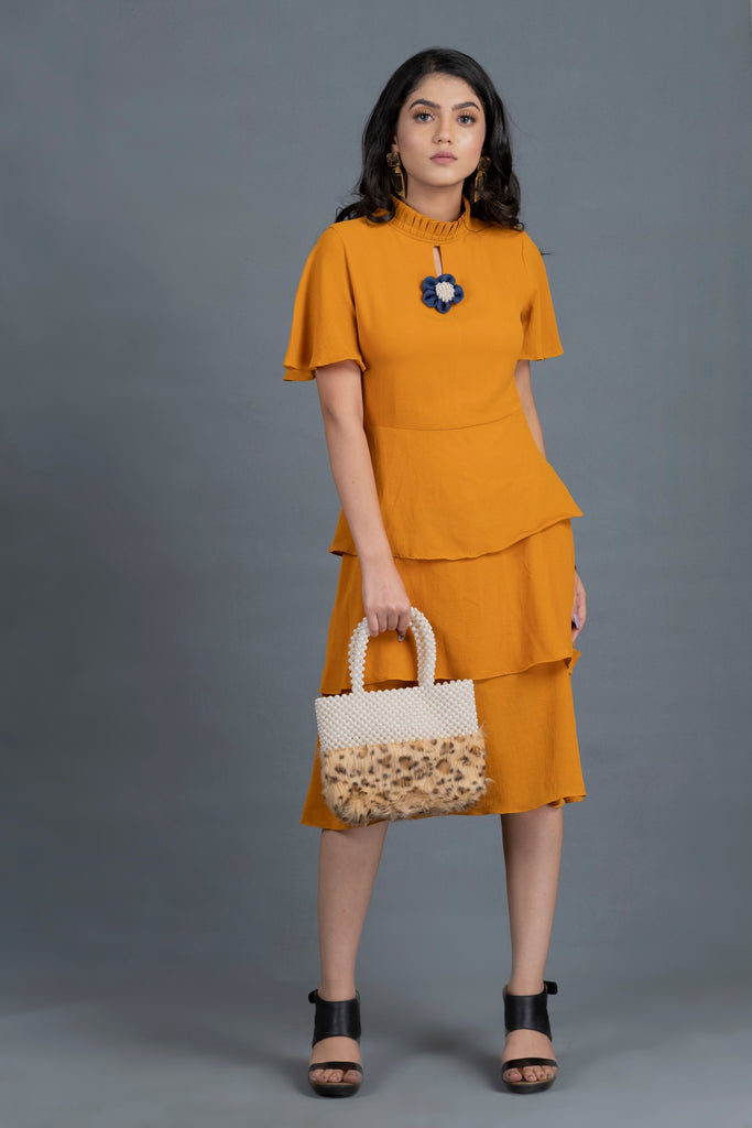 Women's Mustard Chocker Neck Midi Dress