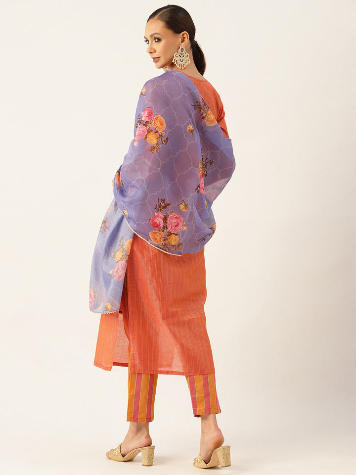 Women's Red Chanderi Straight Embroidered Kurta Pant With Dupatta