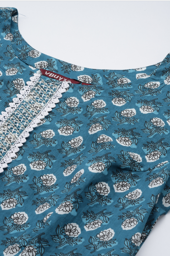 Women's Floral Printb & Lace Work Anarkali Cotton Teal Blue Stitched Kurta - Vbuyz