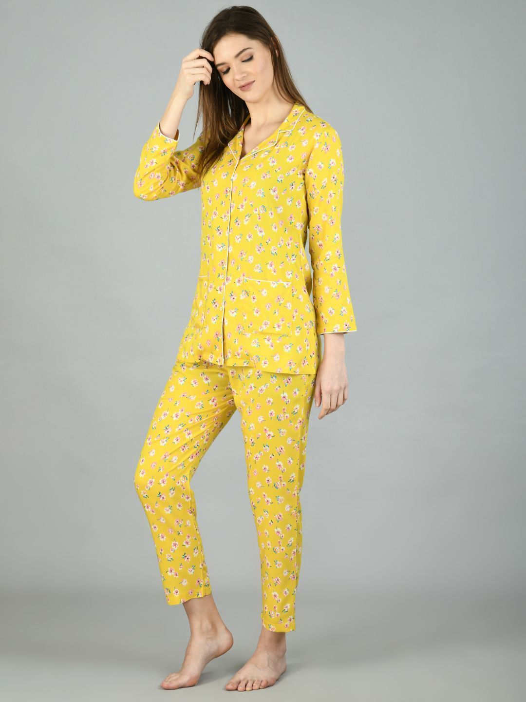 Women's Yellow Cotton Printed Full Sleeve Shirt Collar Casual Shirt Pyjama Set - Myshka