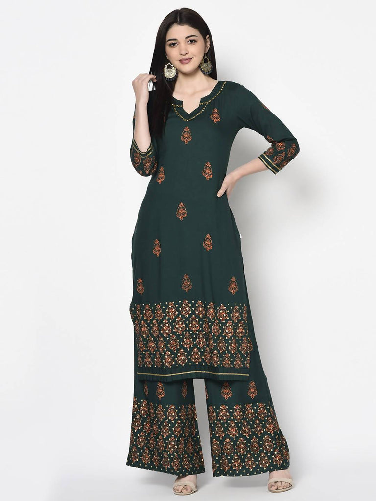 Women's Bottle Green Rayon Block Print Flared slip-on Palazzo