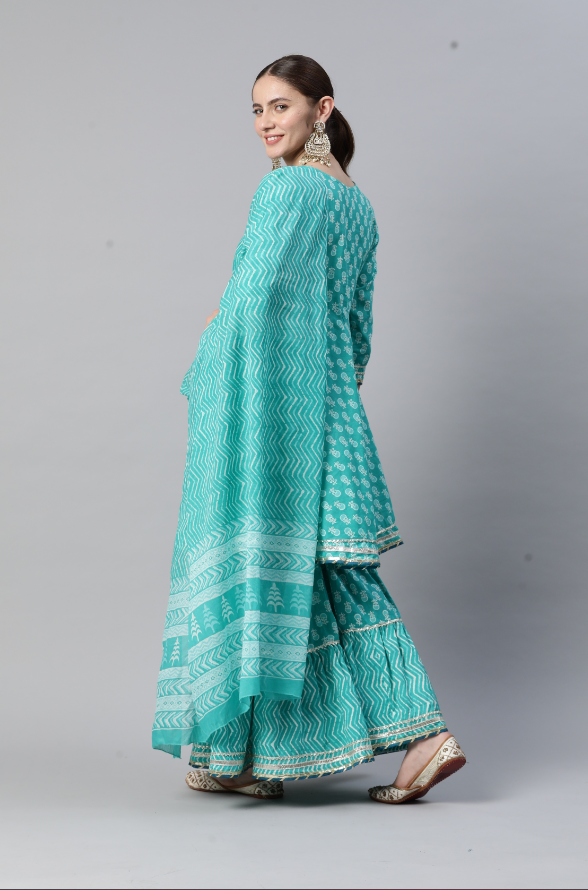 Women's Embroidered Flared Cotton Turquoise Stitched Kurta Sharara With Dupatta - Vbuyz
