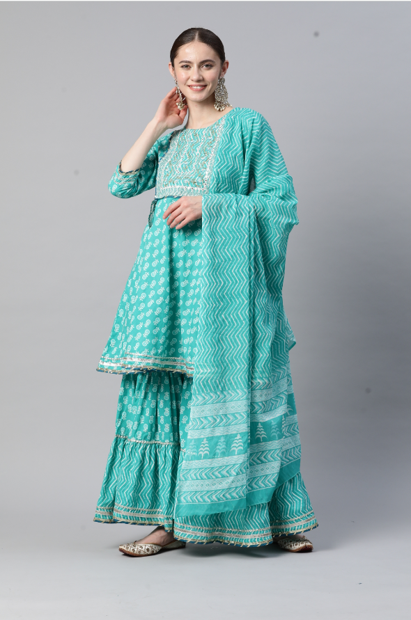 Women's Embroidered Flared Cotton Turquoise Stitched Kurta Sharara With Dupatta - Vbuyz