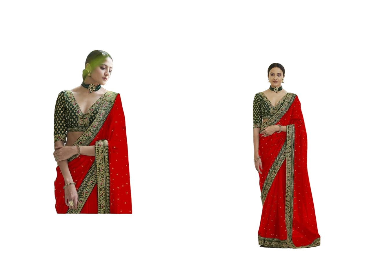 Women's Red Royal Vichitra Silk Sequins Saree - Vamika