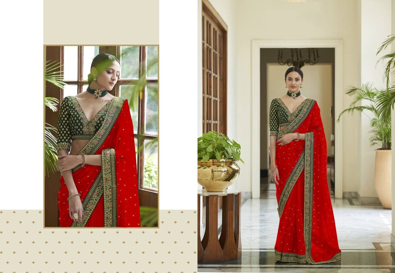 Women's Red Royal Vichitra Silk Sequins Saree - Vamika