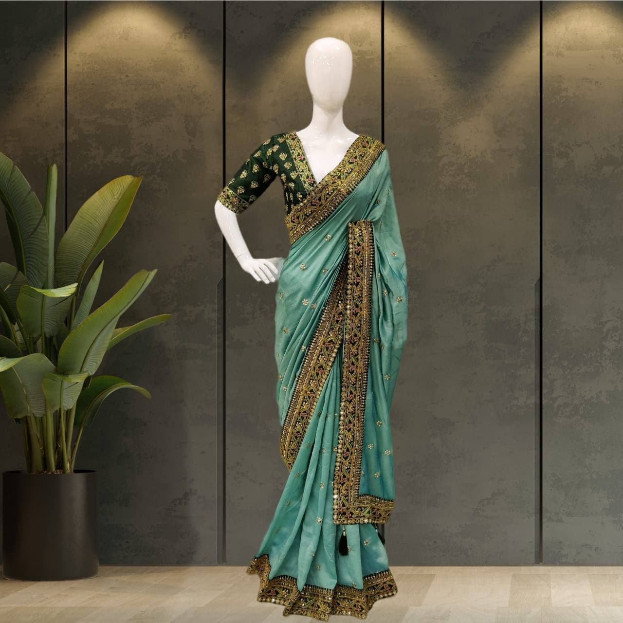 Women's Blue Royal Vichitra Silk Sequins Saree - Vamika