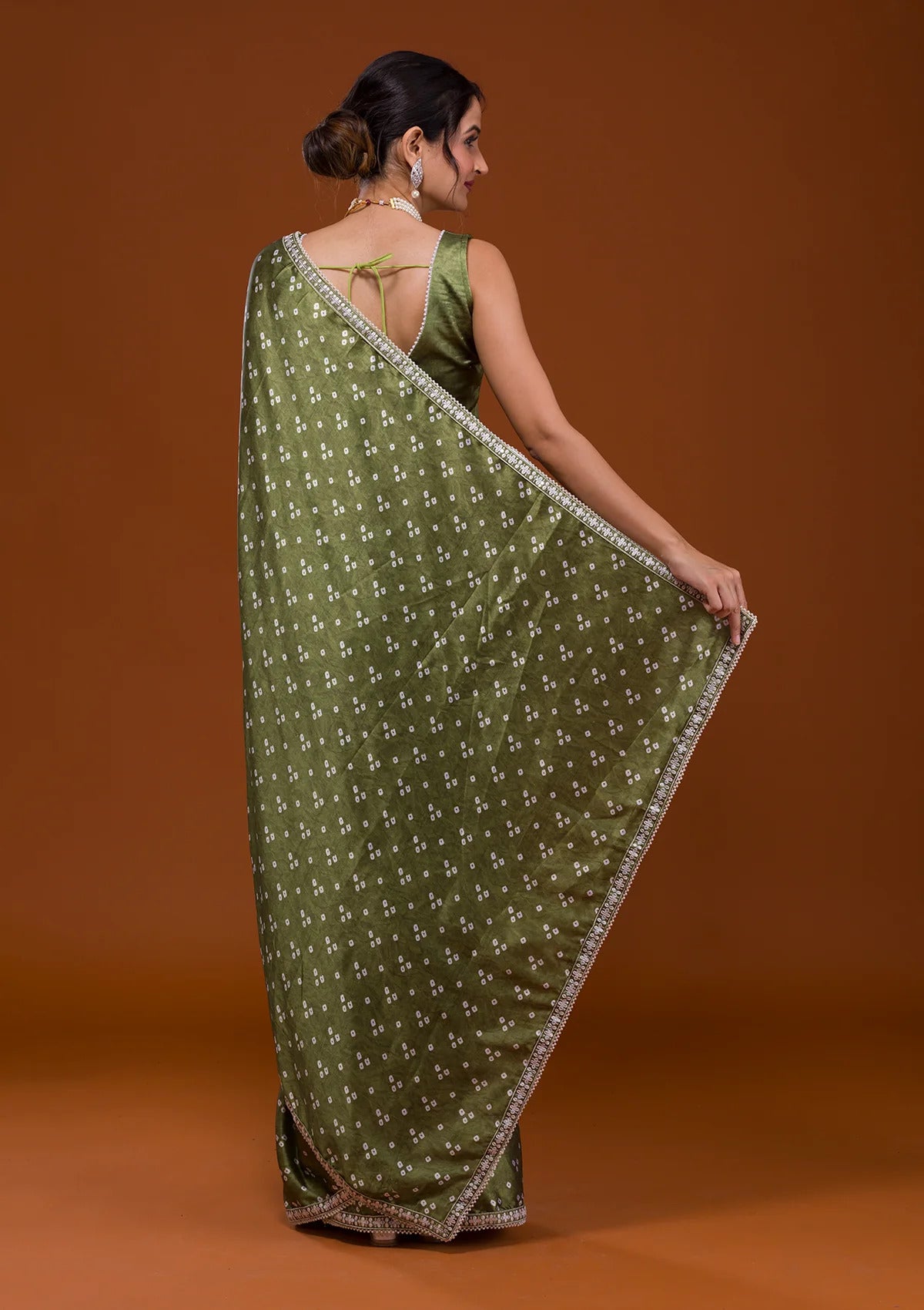 Women's Green Satin Sequins Embroidery Lace Saree - Vamika