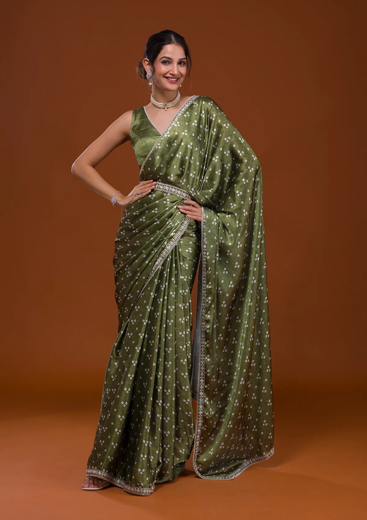 Women's Green Satin Sequins Embroidery Lace Saree - Vamika